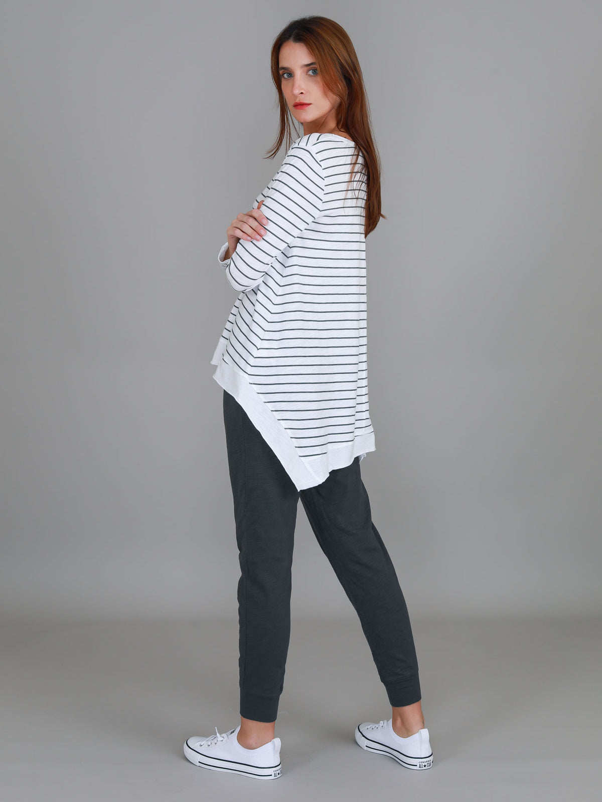 stripe angled hem long sleeve tee