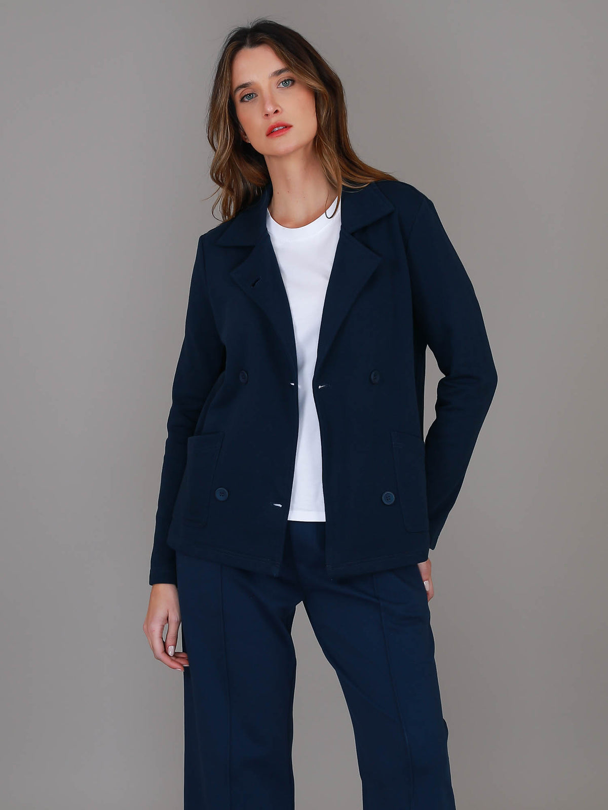 Cait | Women's Cropped Double Breasted Blazer Jacket – Cotton French Terry