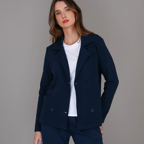 Cait | Women's Cropped Double Breasted Blazer Jacket – Cotton French Terry size guide