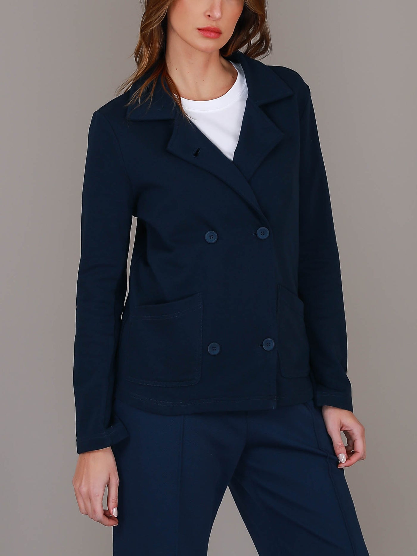 Cait | Women's Cropped Double Breasted Blazer Jacket – Cotton French Terry
