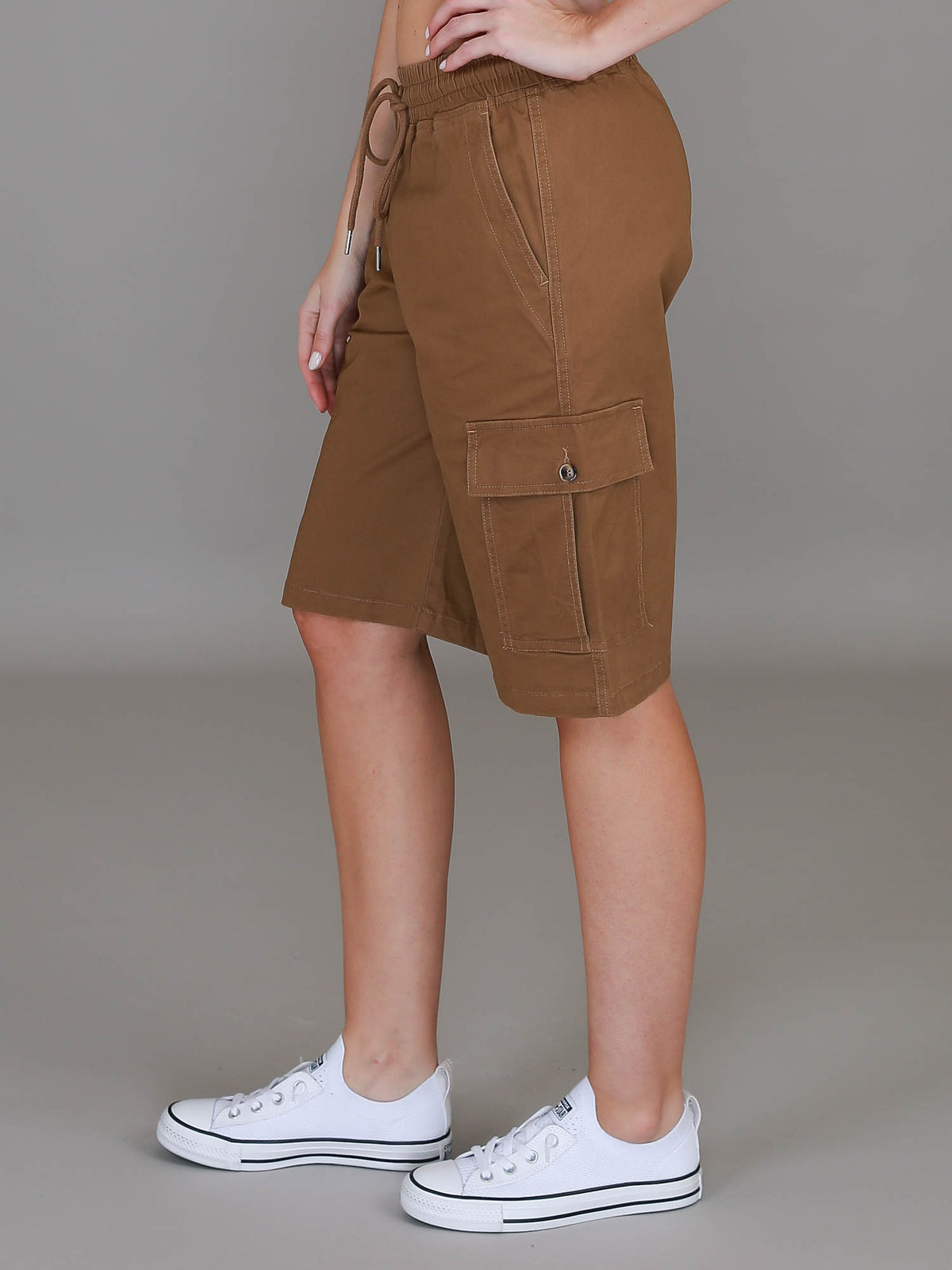 brown cargo shorts women #color_dusted ochre