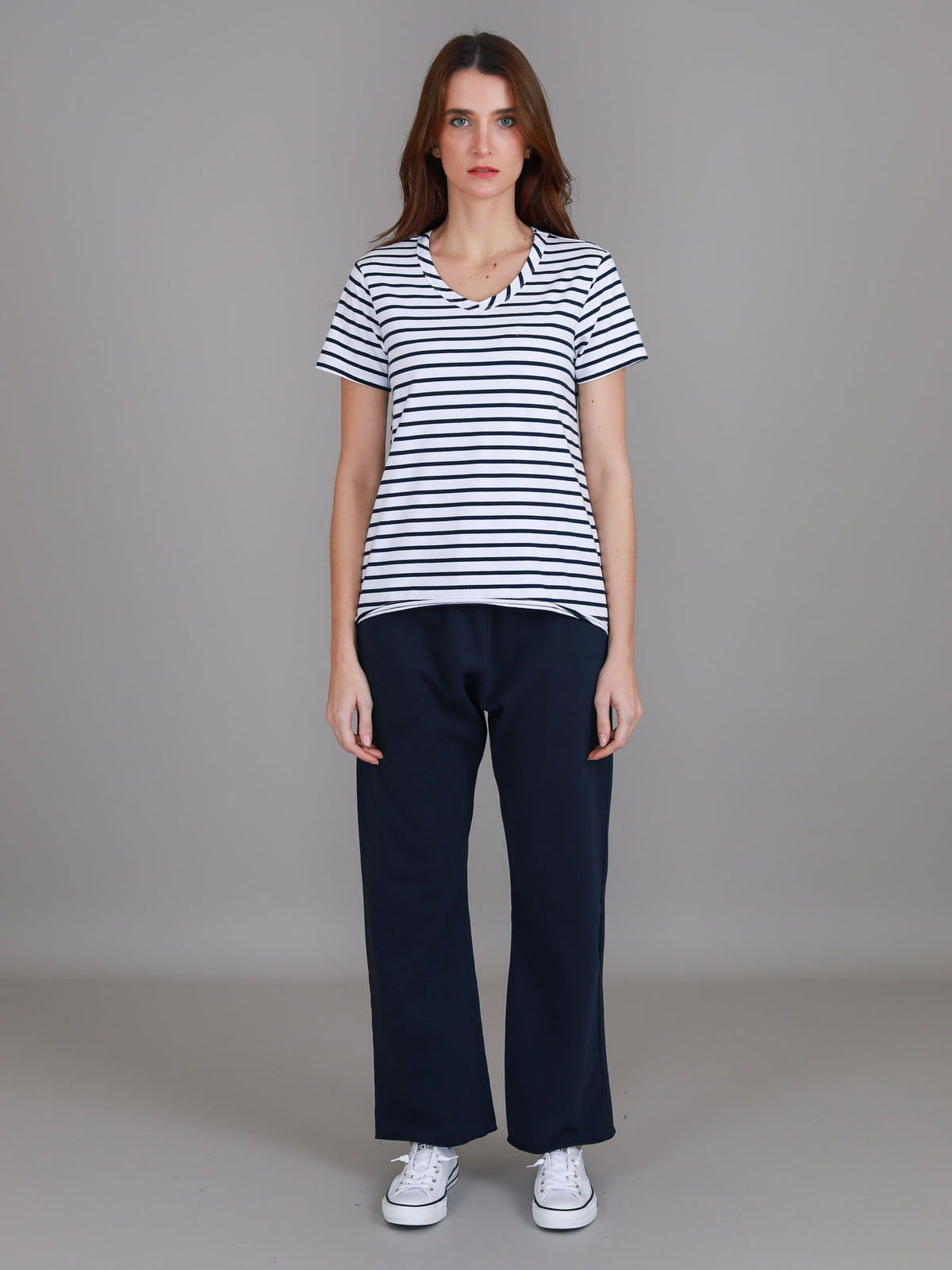 navy white stripe v neck tee