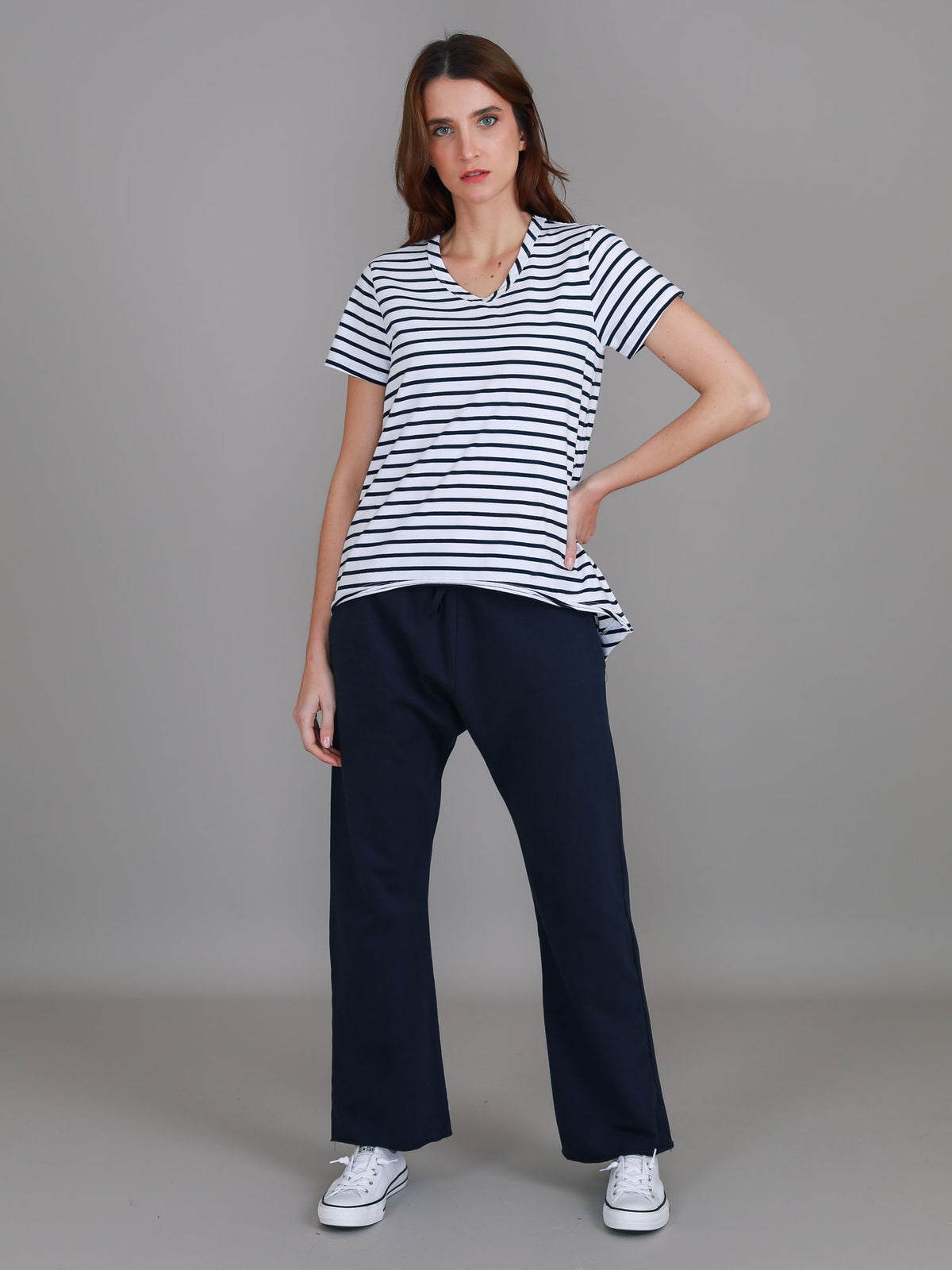 navy stripe v neck high low tee