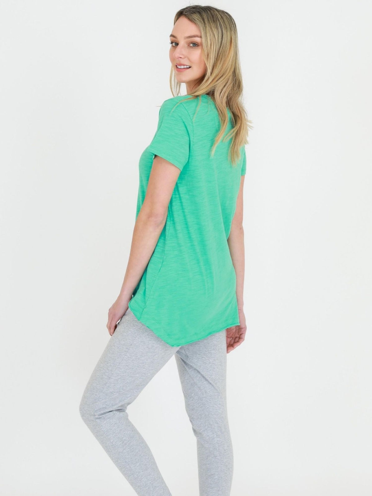 green v neck high low tee marine