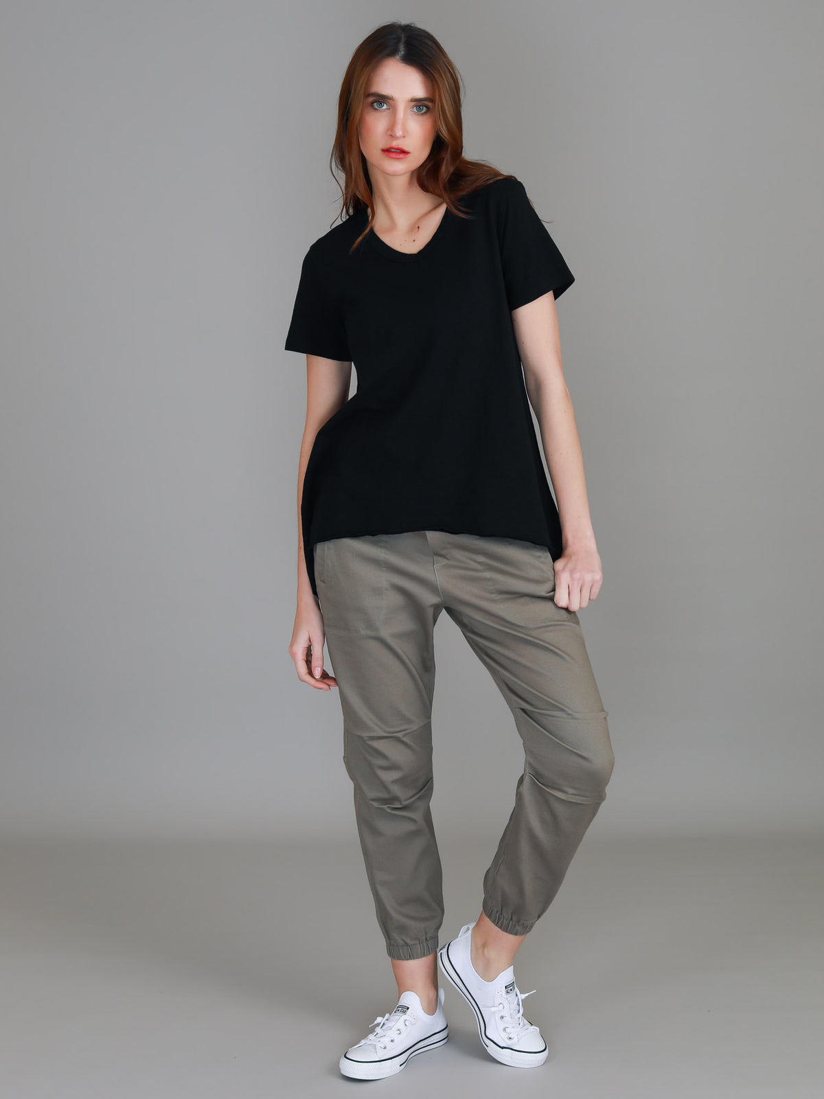 black v neck high low tee