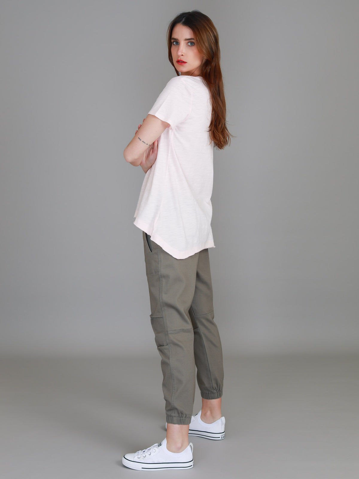 blush v neck asymmetric tee