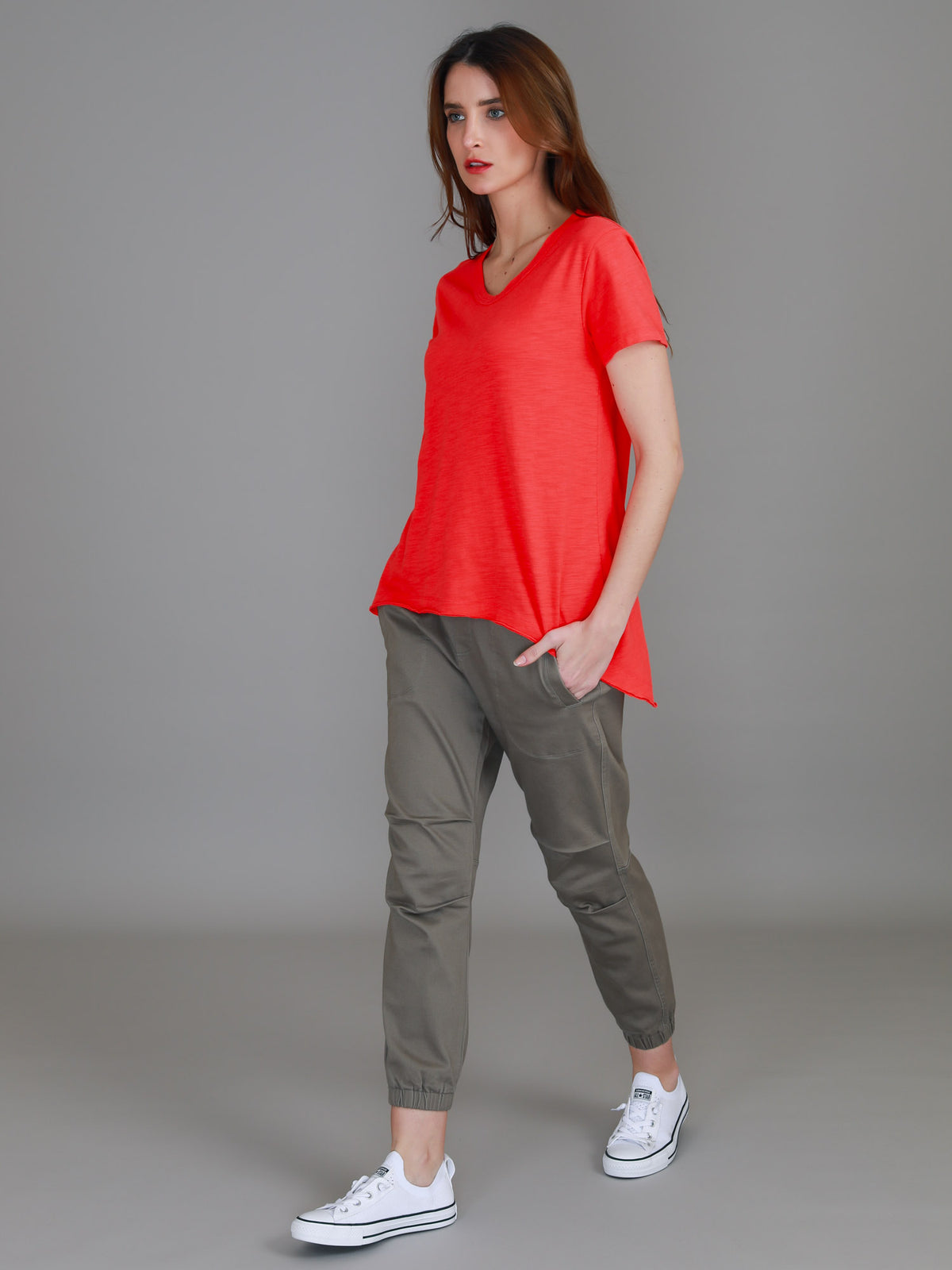 red asymmetric hem tee
