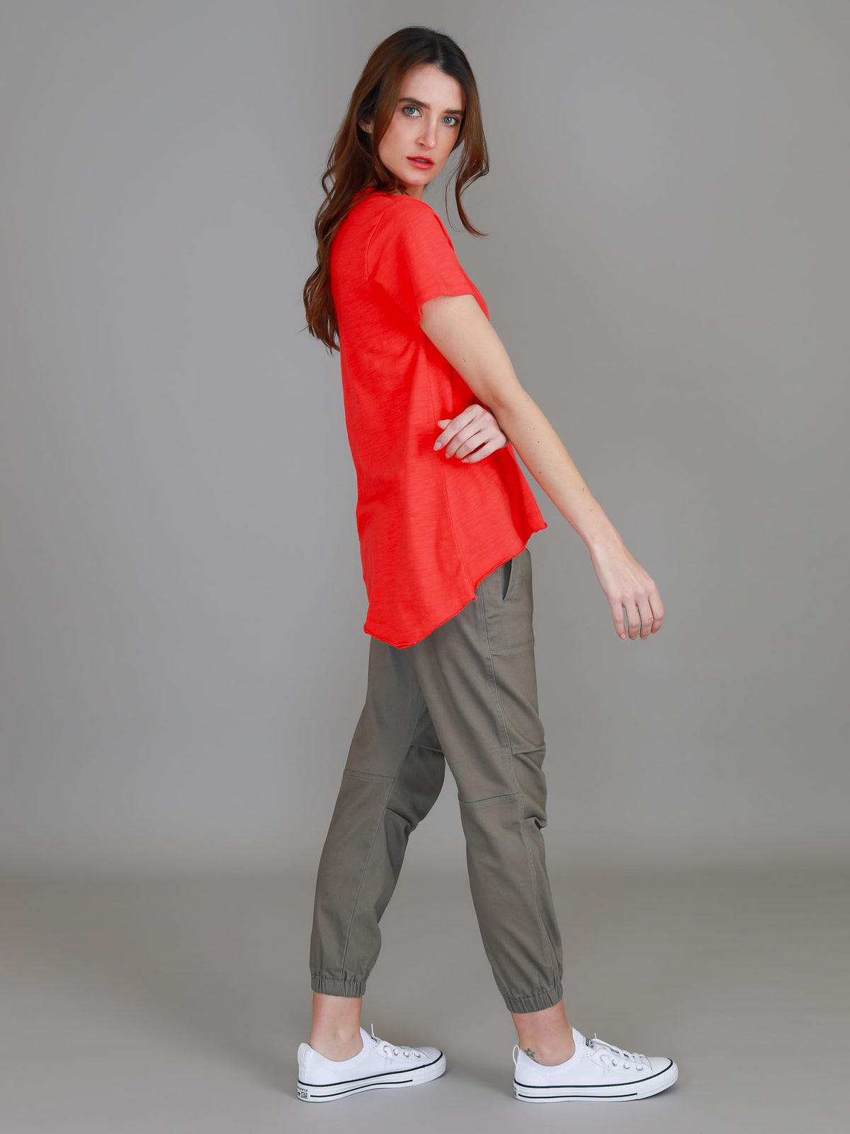 red v neck asymmetric tee