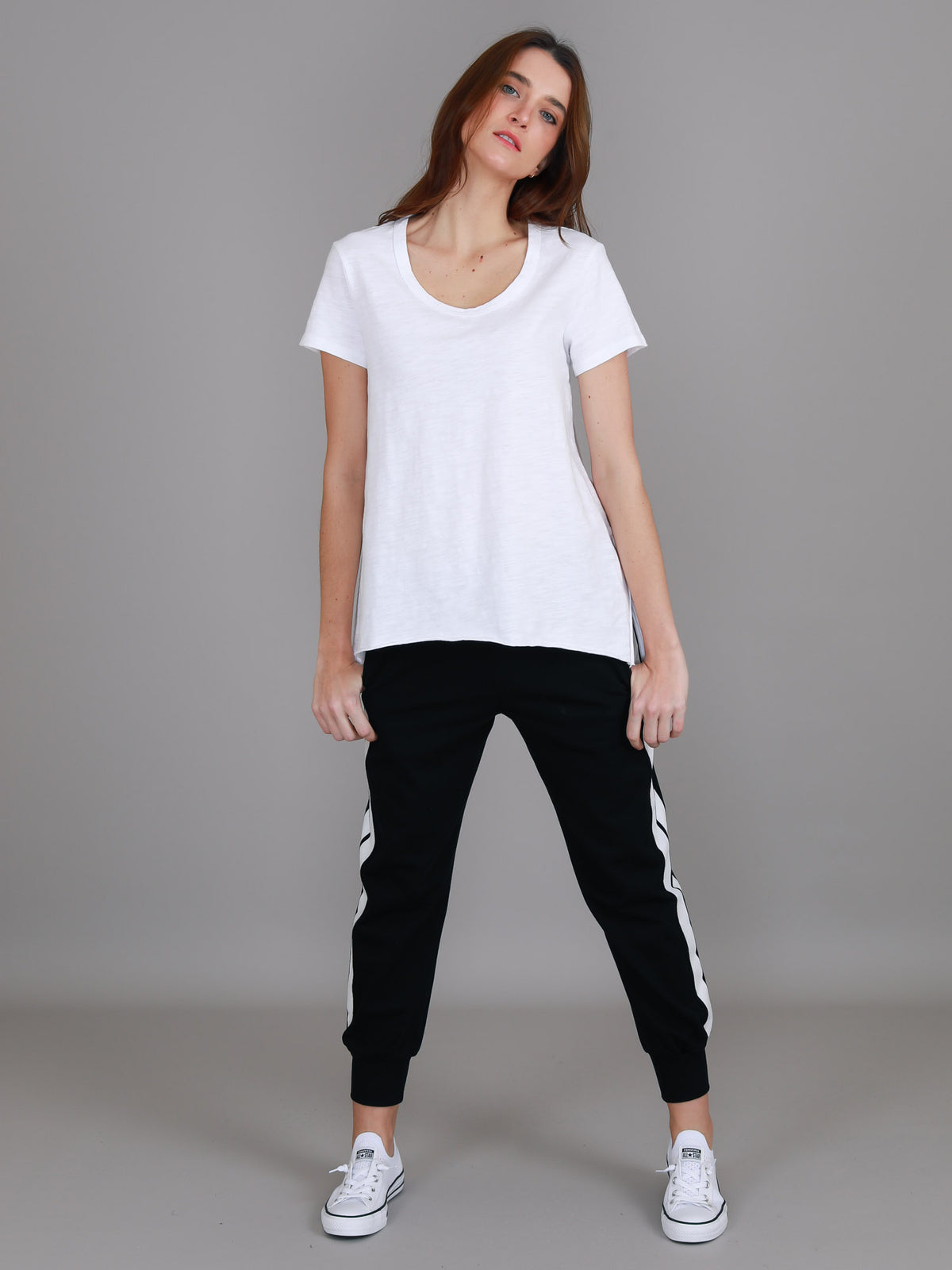 white slanted hem tee