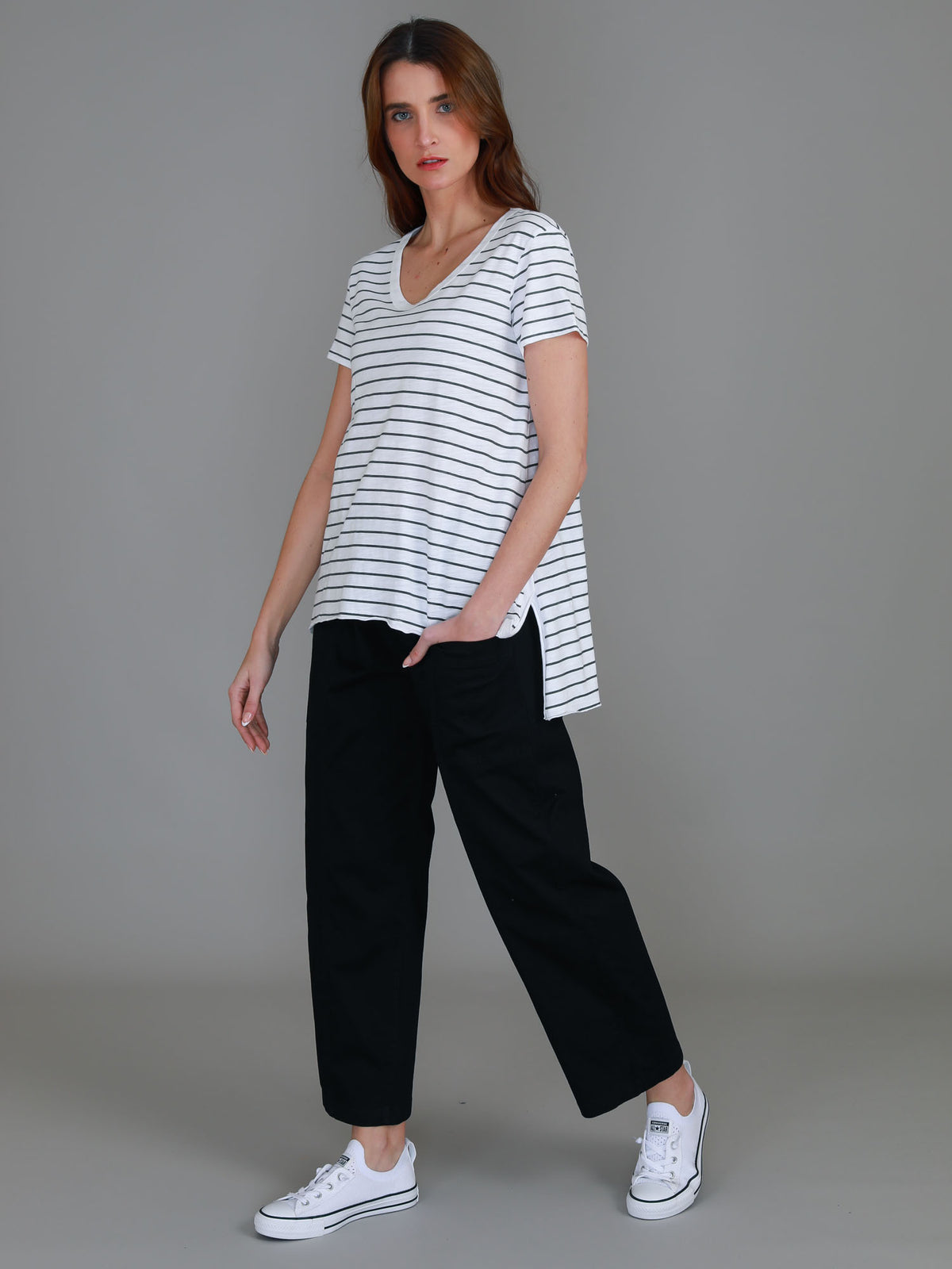 navy stripe high low tee