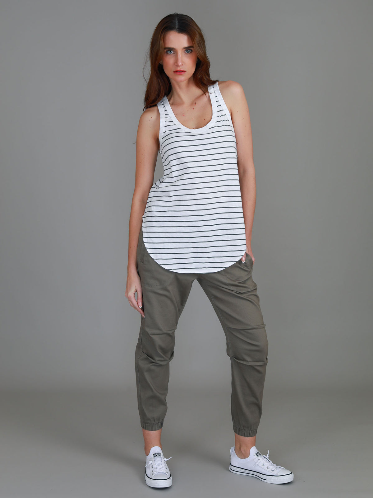 navy and white tank top