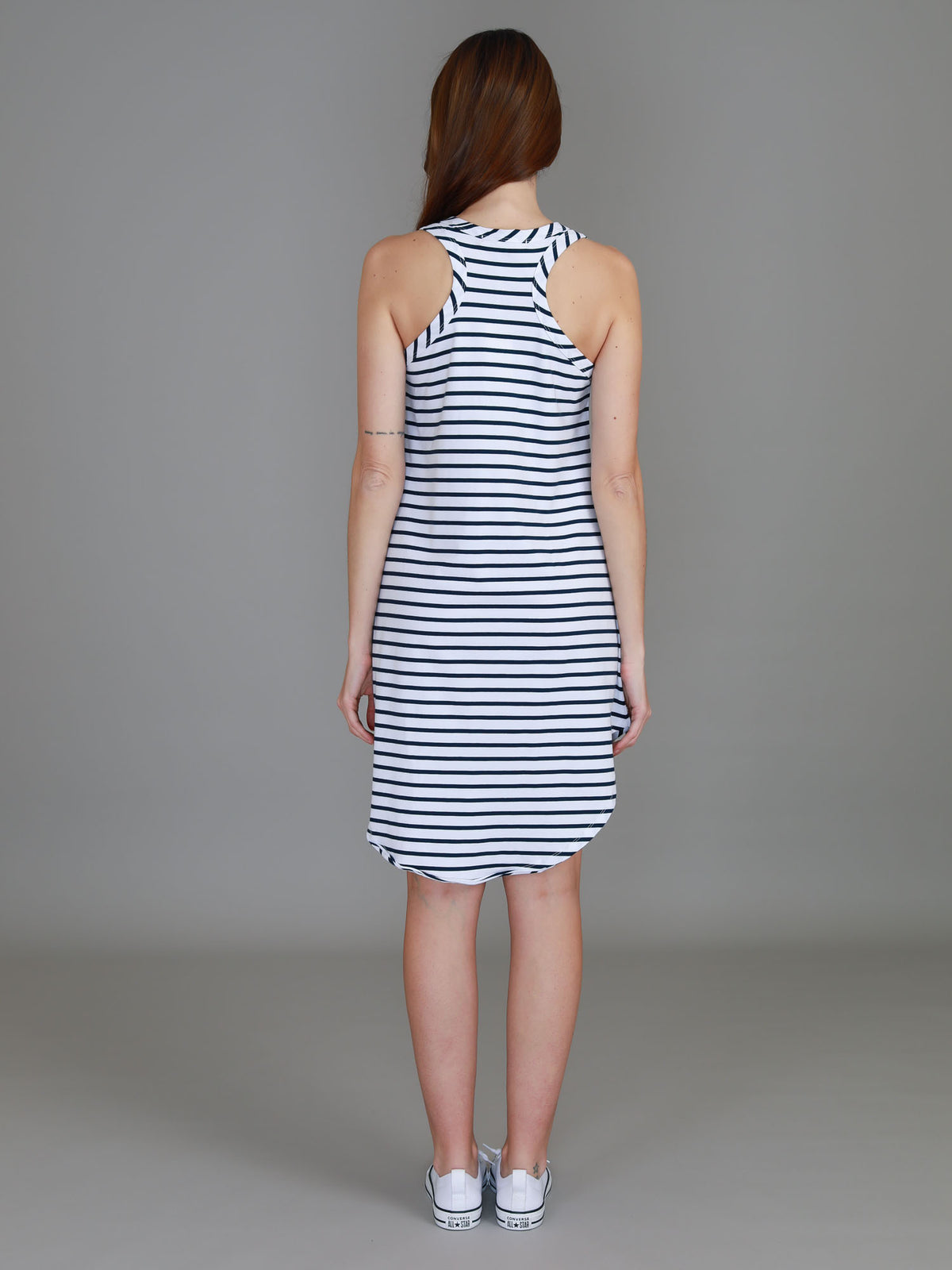 blue and white striped dress
