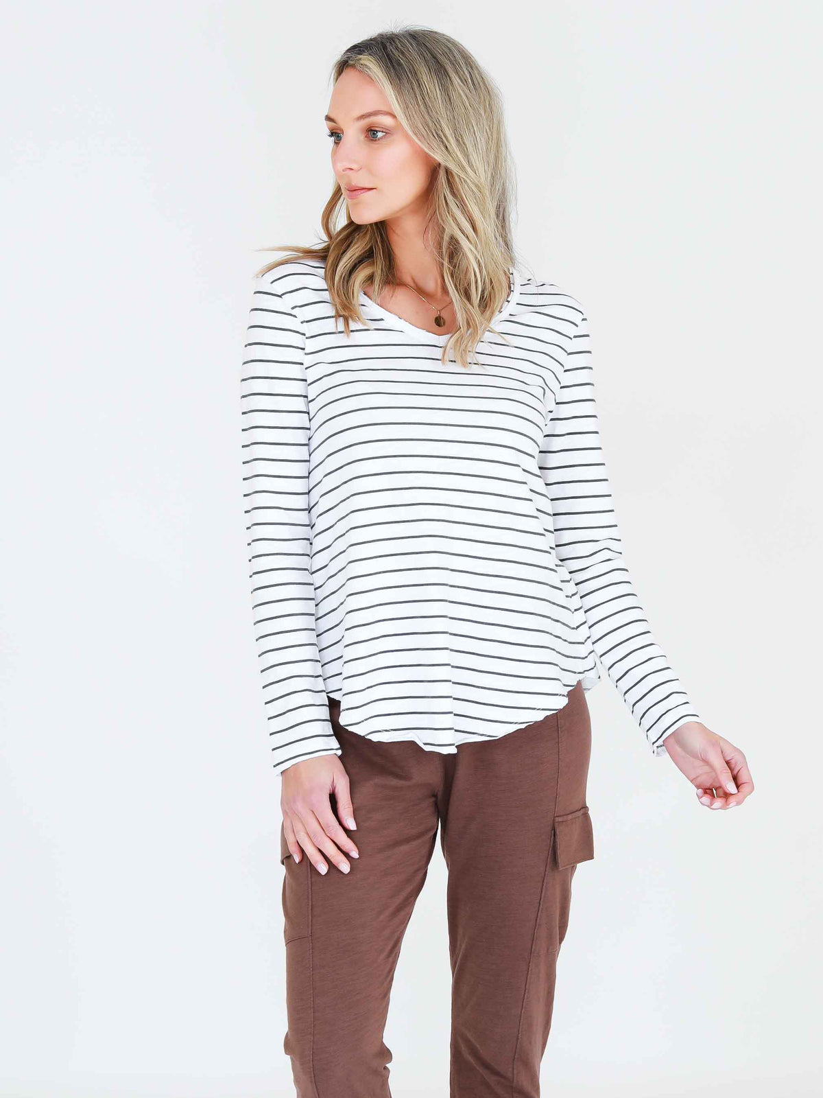 navy white stripe v neck tee