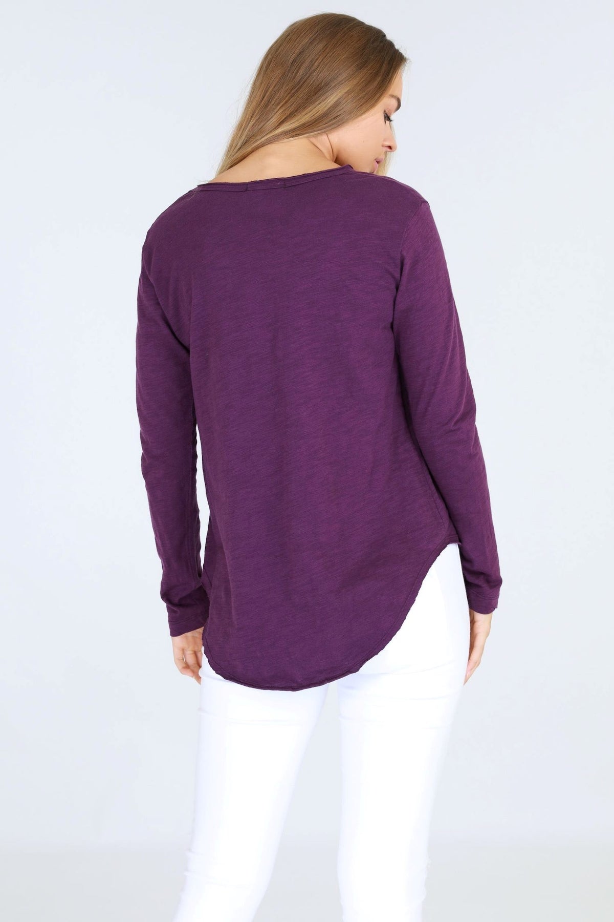 purple v neck curved hem tee