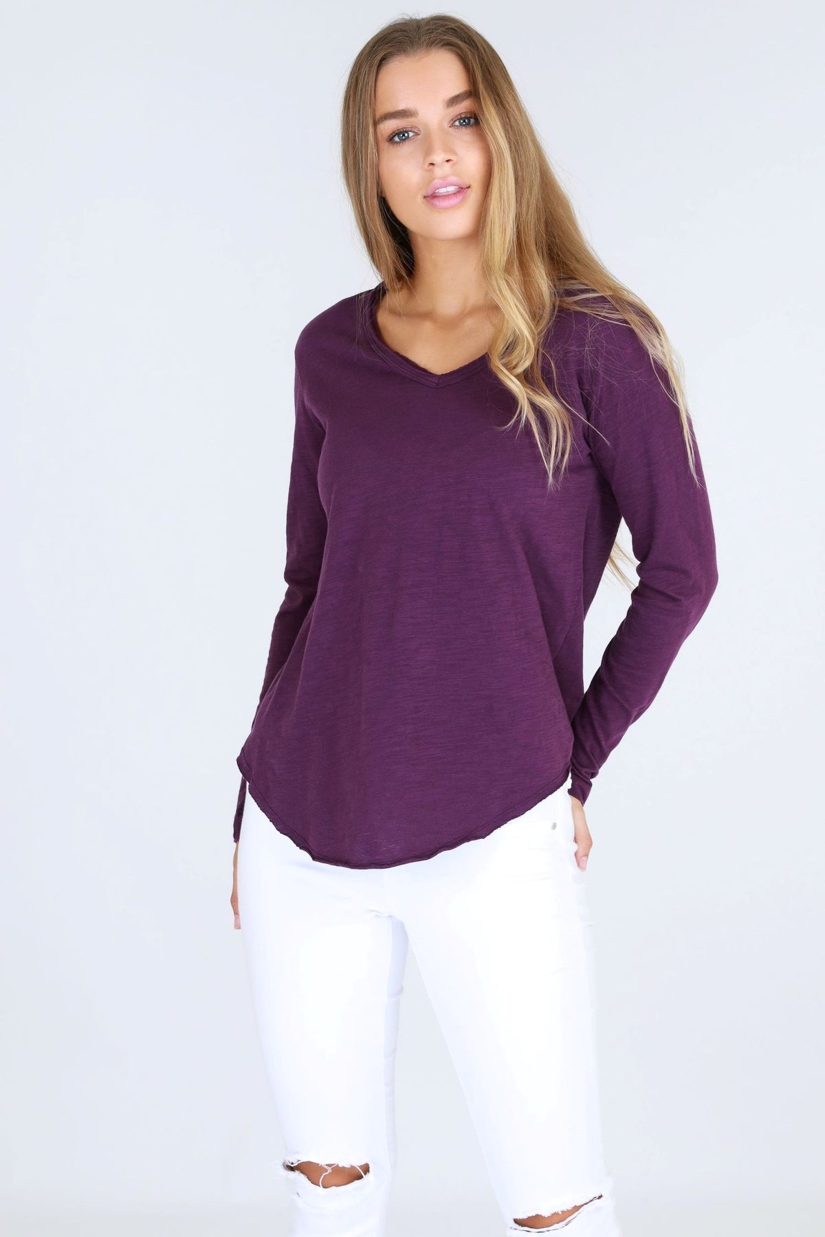 purple v neck longline tee