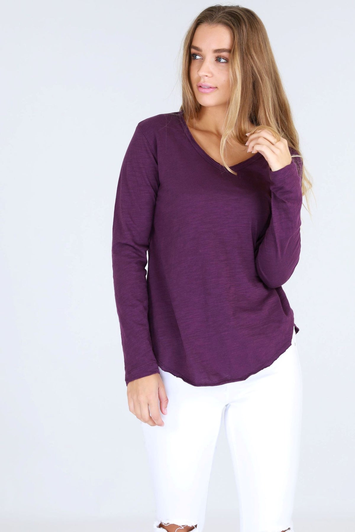 violet v neck long sleeve tee