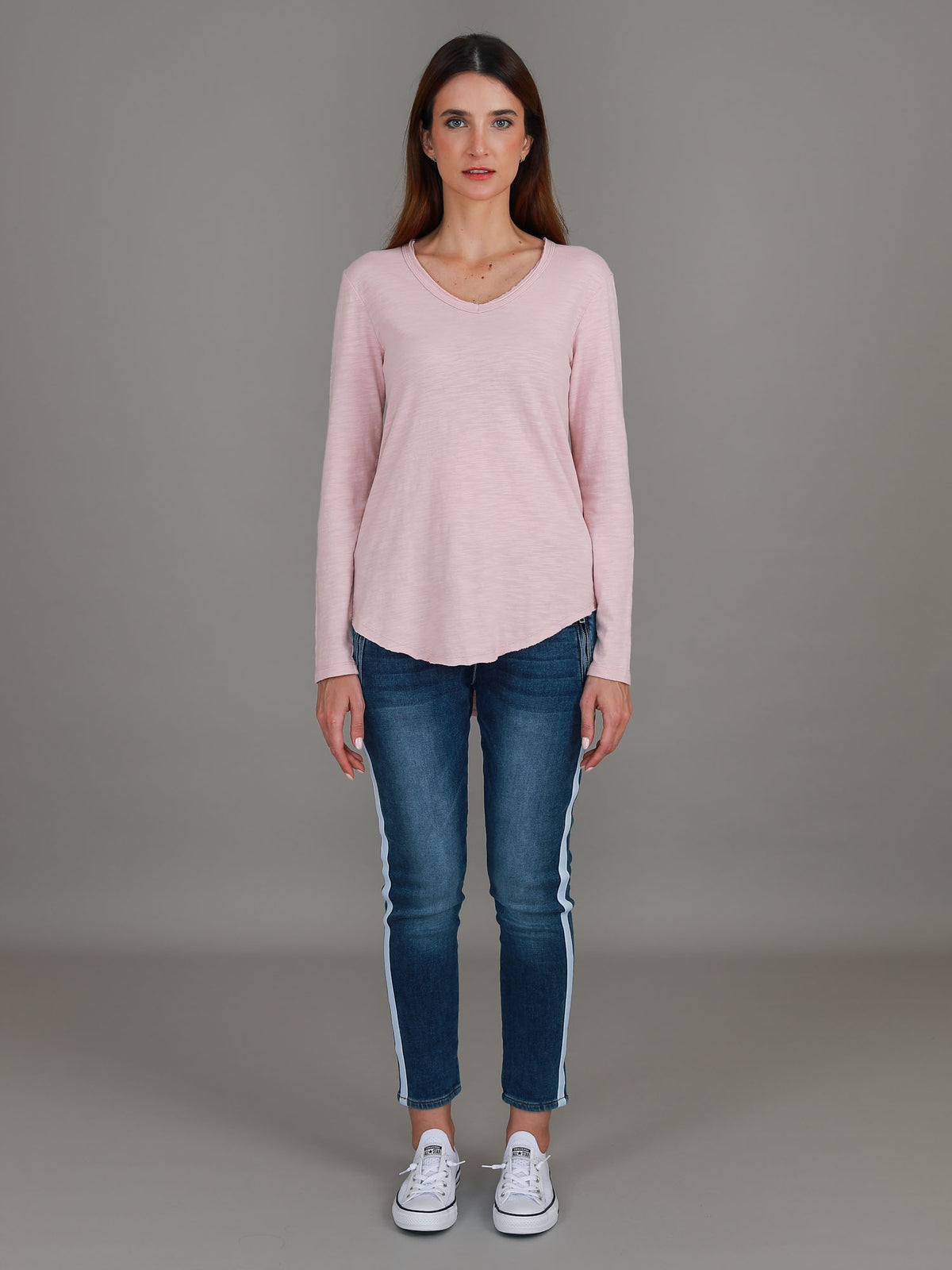 pink v neck tee long sleeve