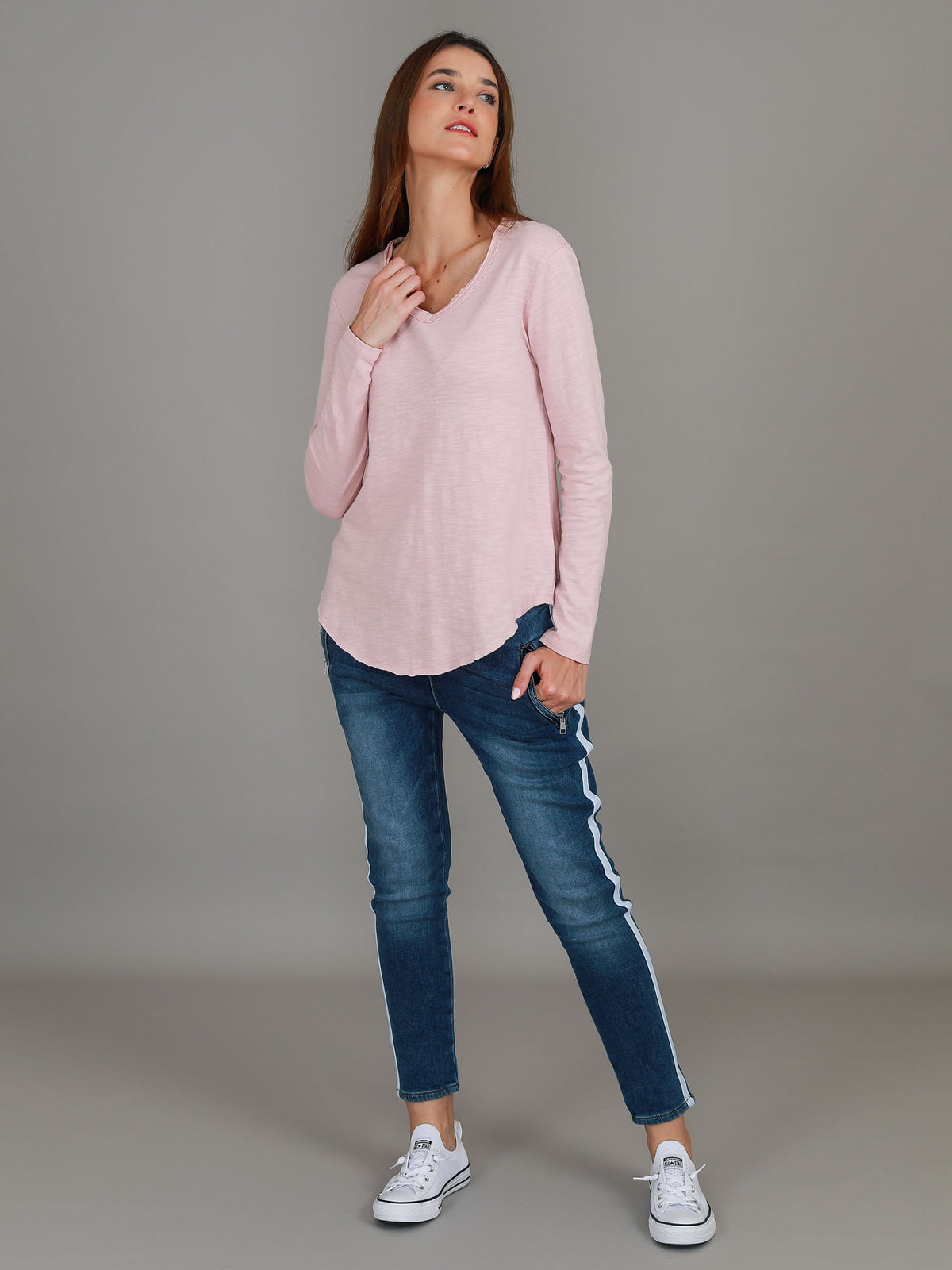 pink v neck long sleeve top