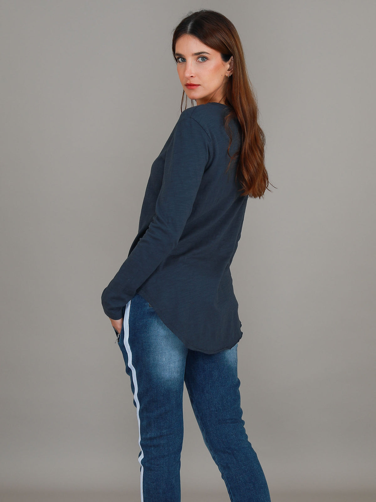 navy v neck long sleeve top