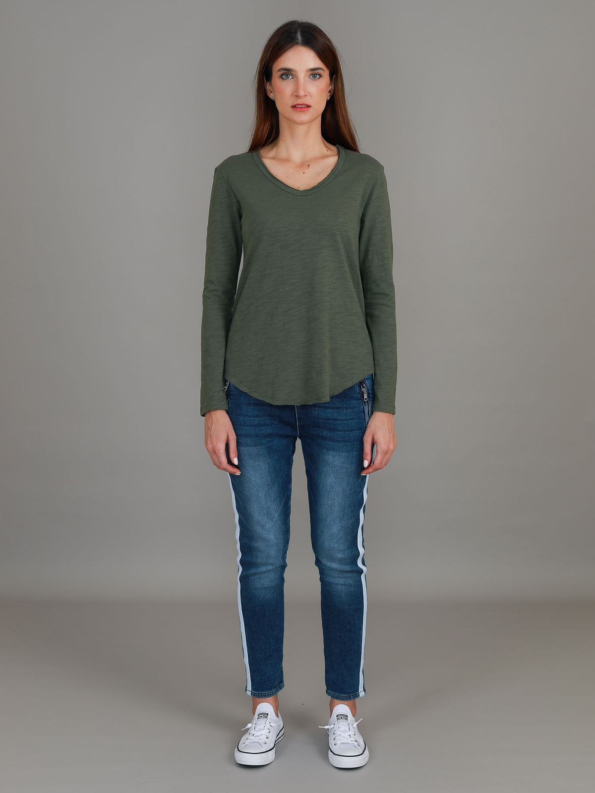 khaki v neck tee long sleeve
