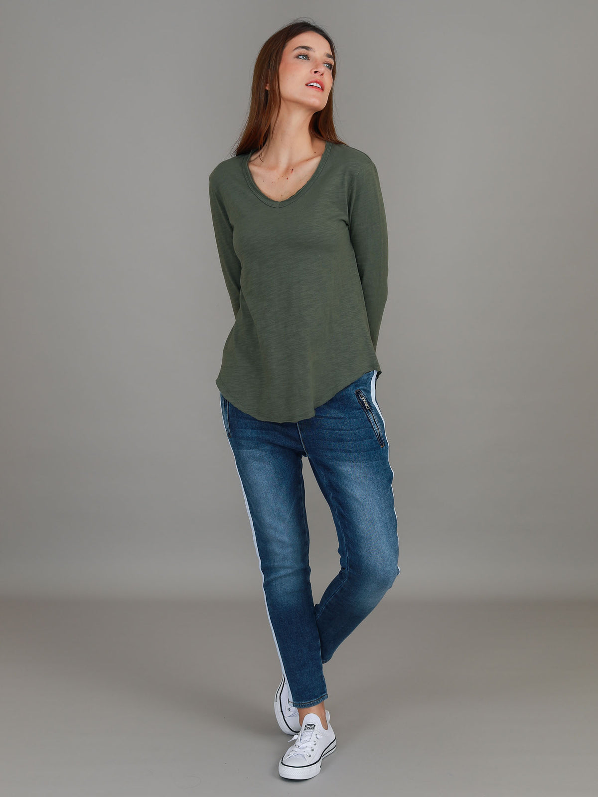 khaki v neck long sleeve top