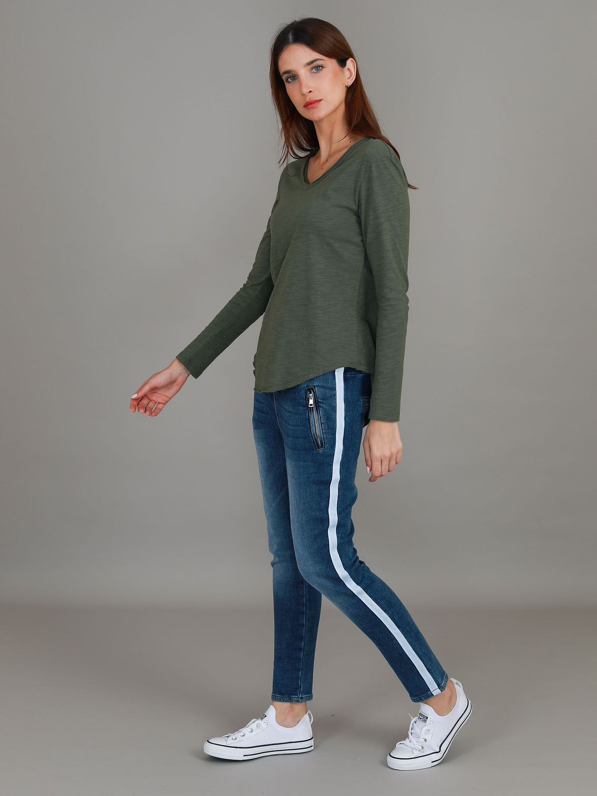 khaki cotton v neck tee