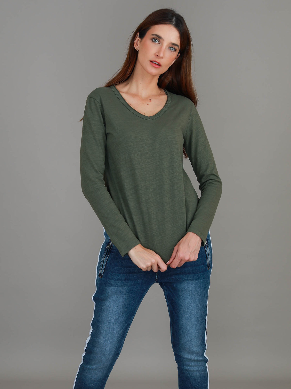 khaki v neck longline tee