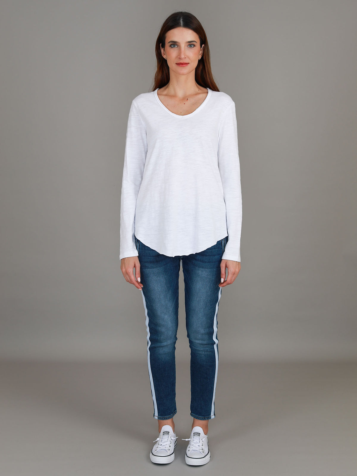 white v neck tee long sleeve