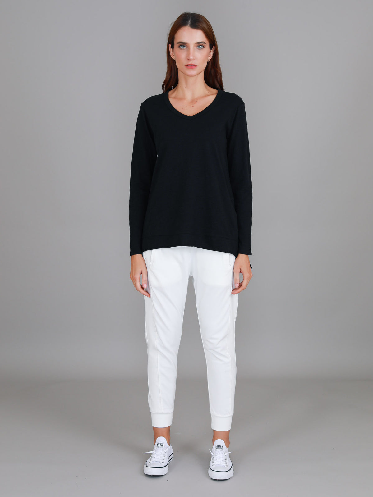black cotton v neck long sleeve