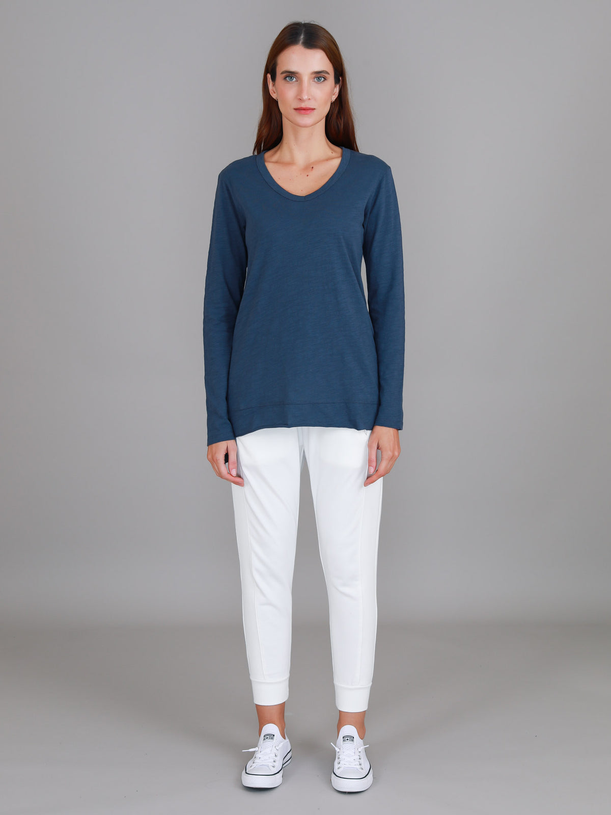 navy cotton v neck long sleeve