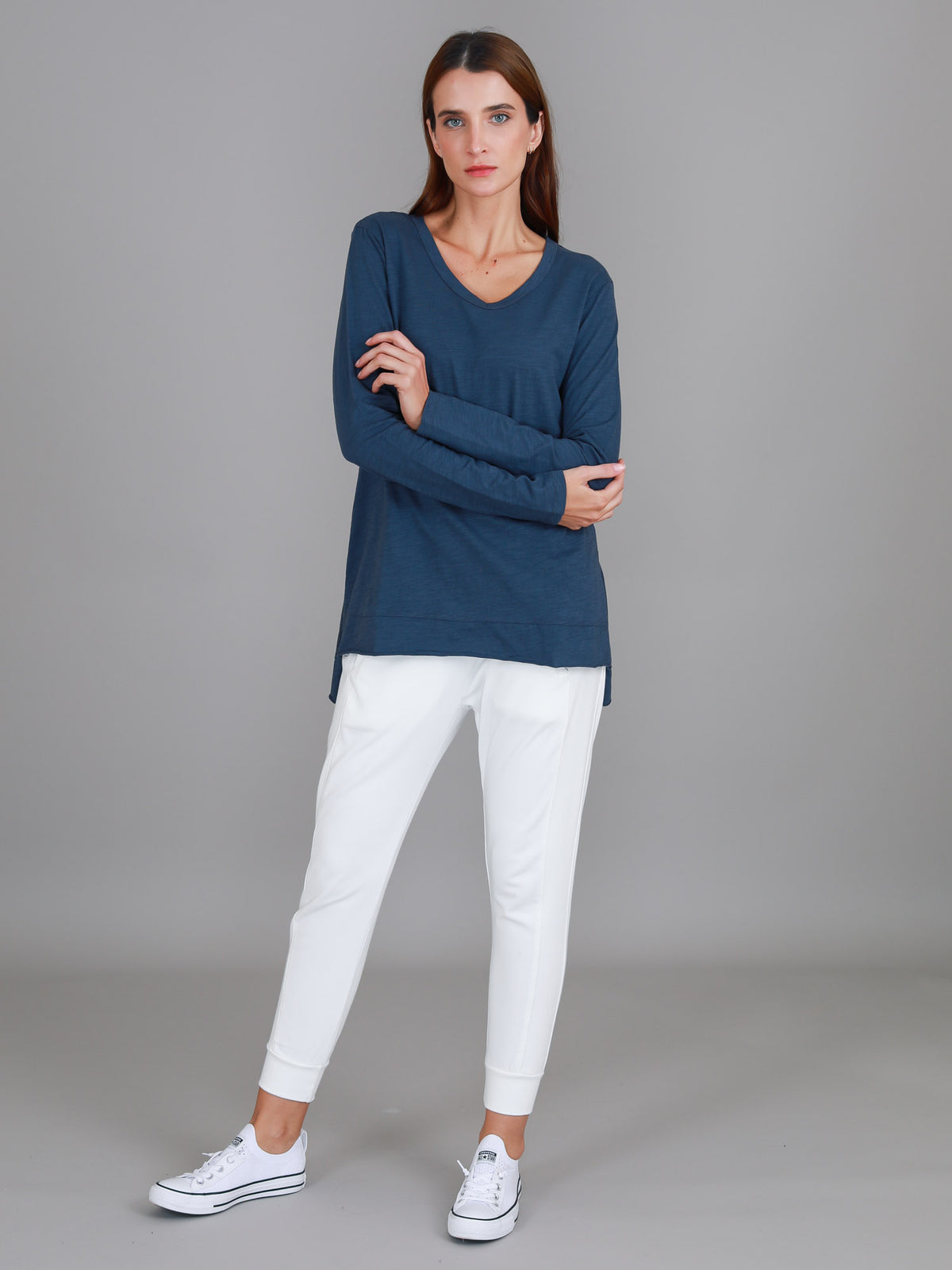 indigo long sleeve v neck top