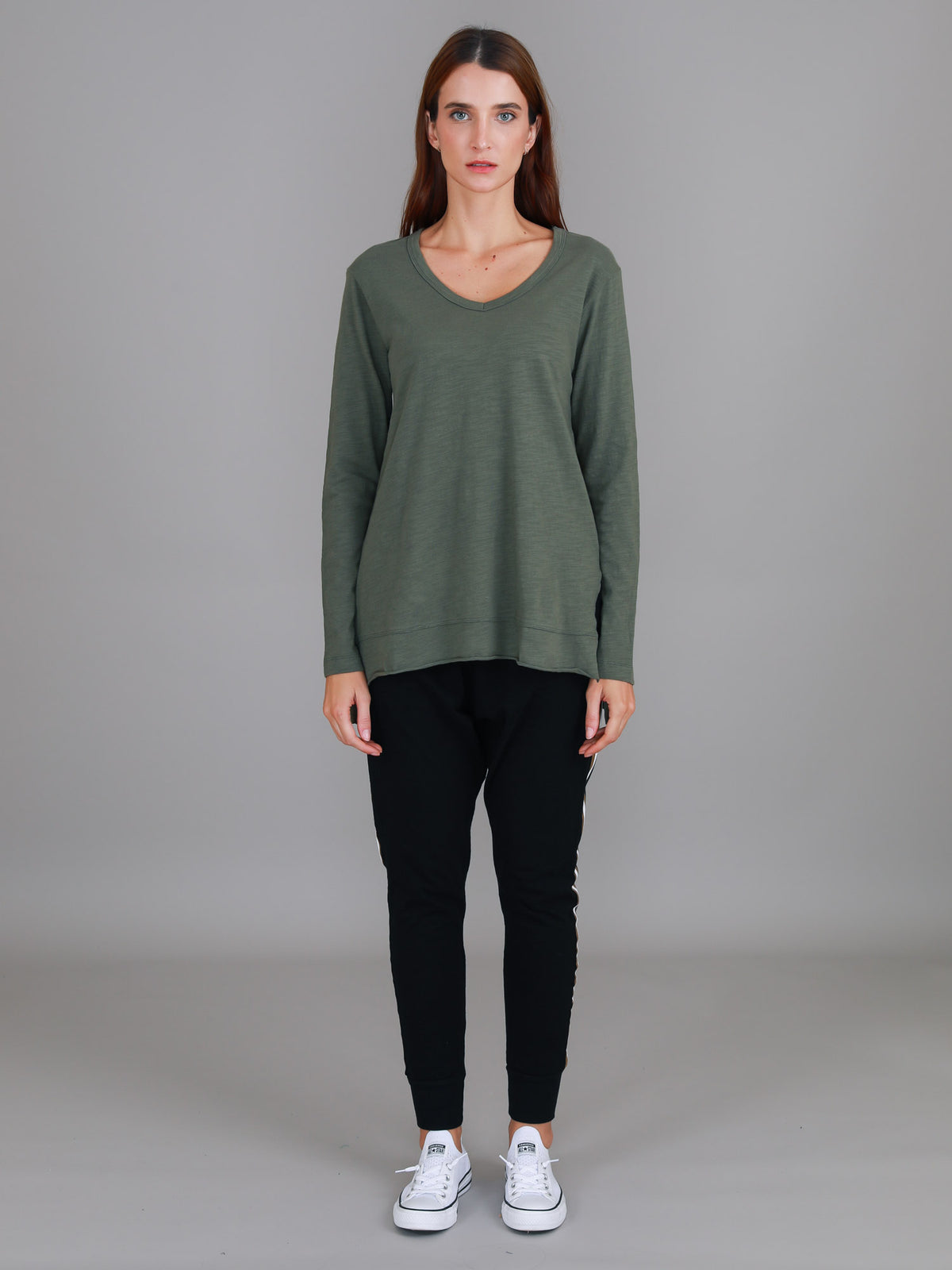 green cotton v neck long sleeve