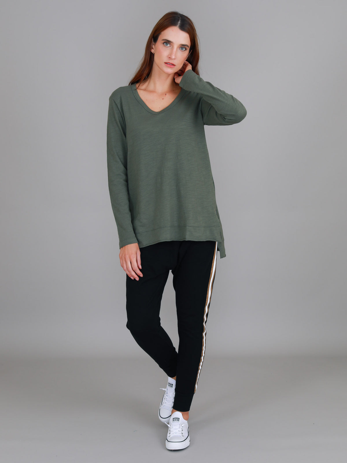 khaki v neck tee women