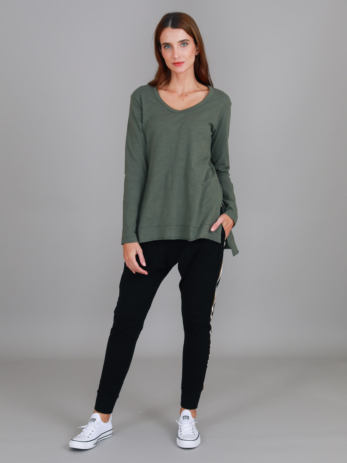 khaki v neck long sleeve tee