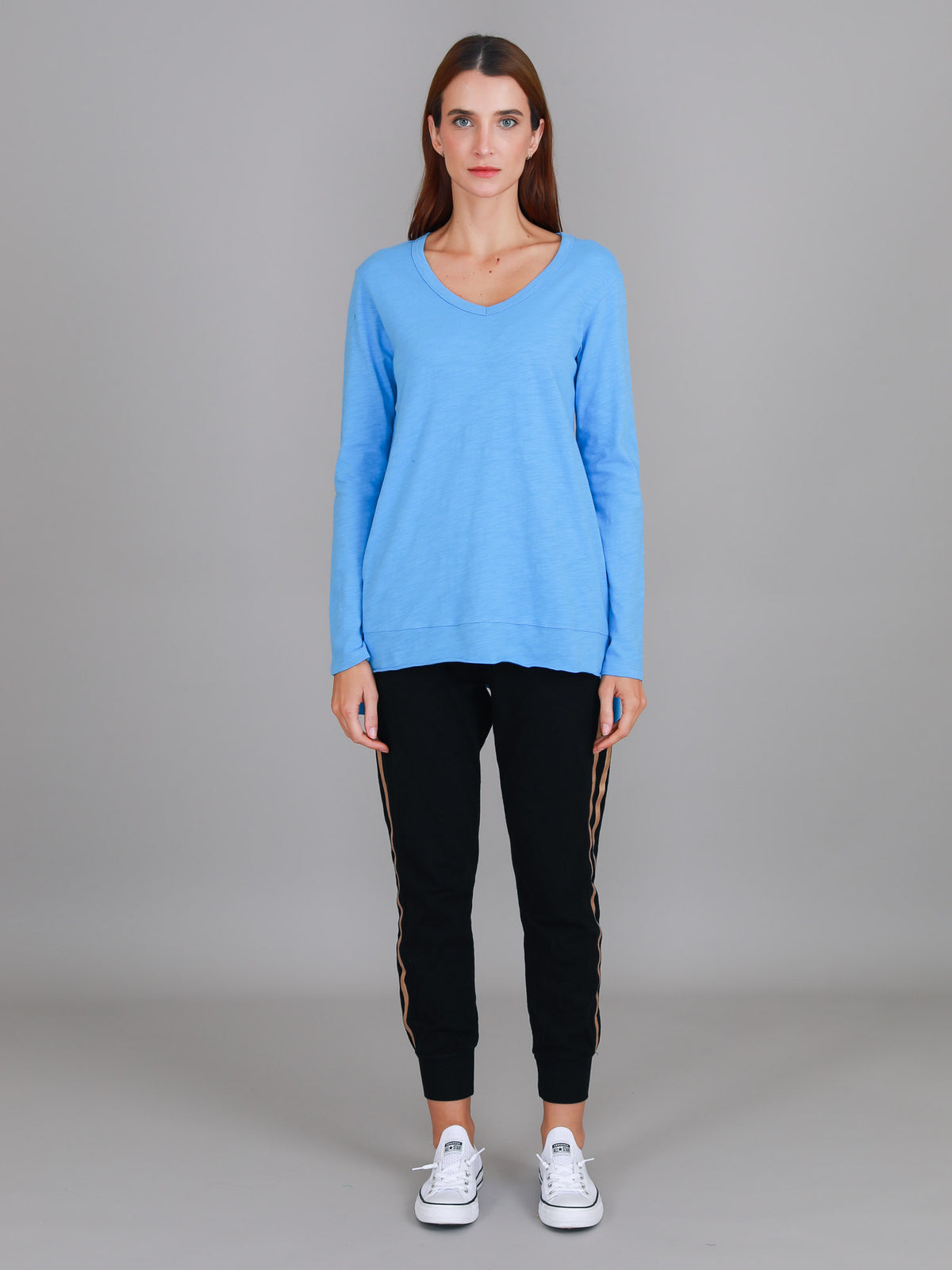 blue cotton v neck long sleeve