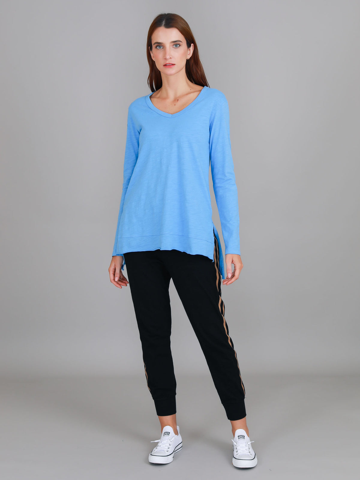pacific blue v neck long sleeve tee