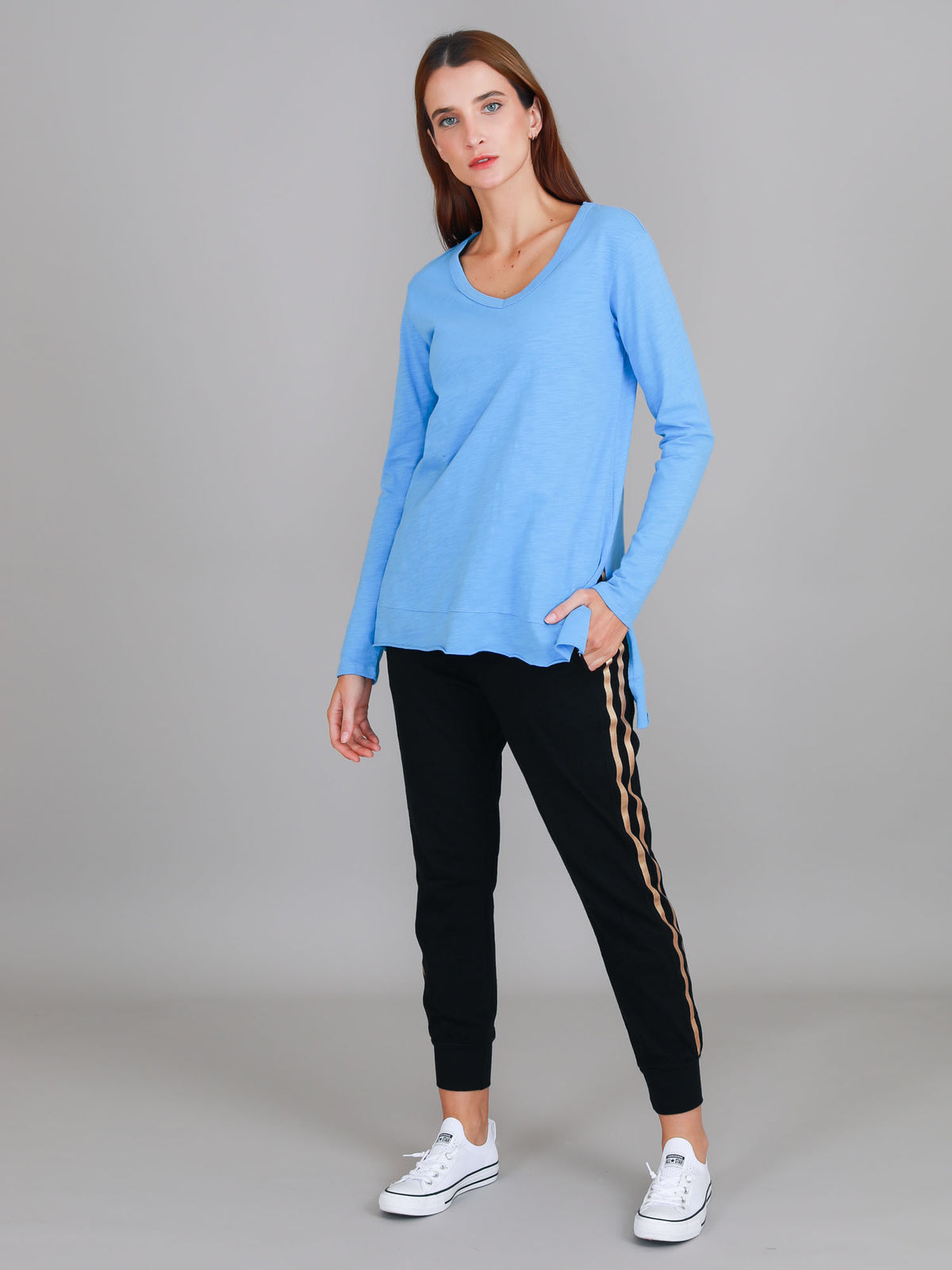 blue long sleeve v neck top