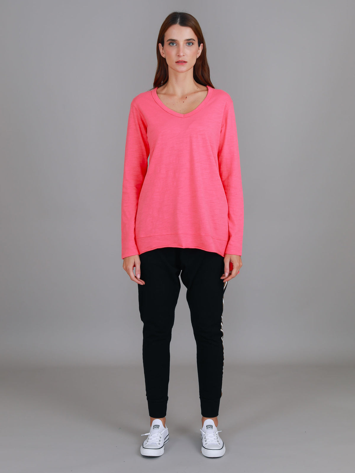 pink cotton v neck long sleeve