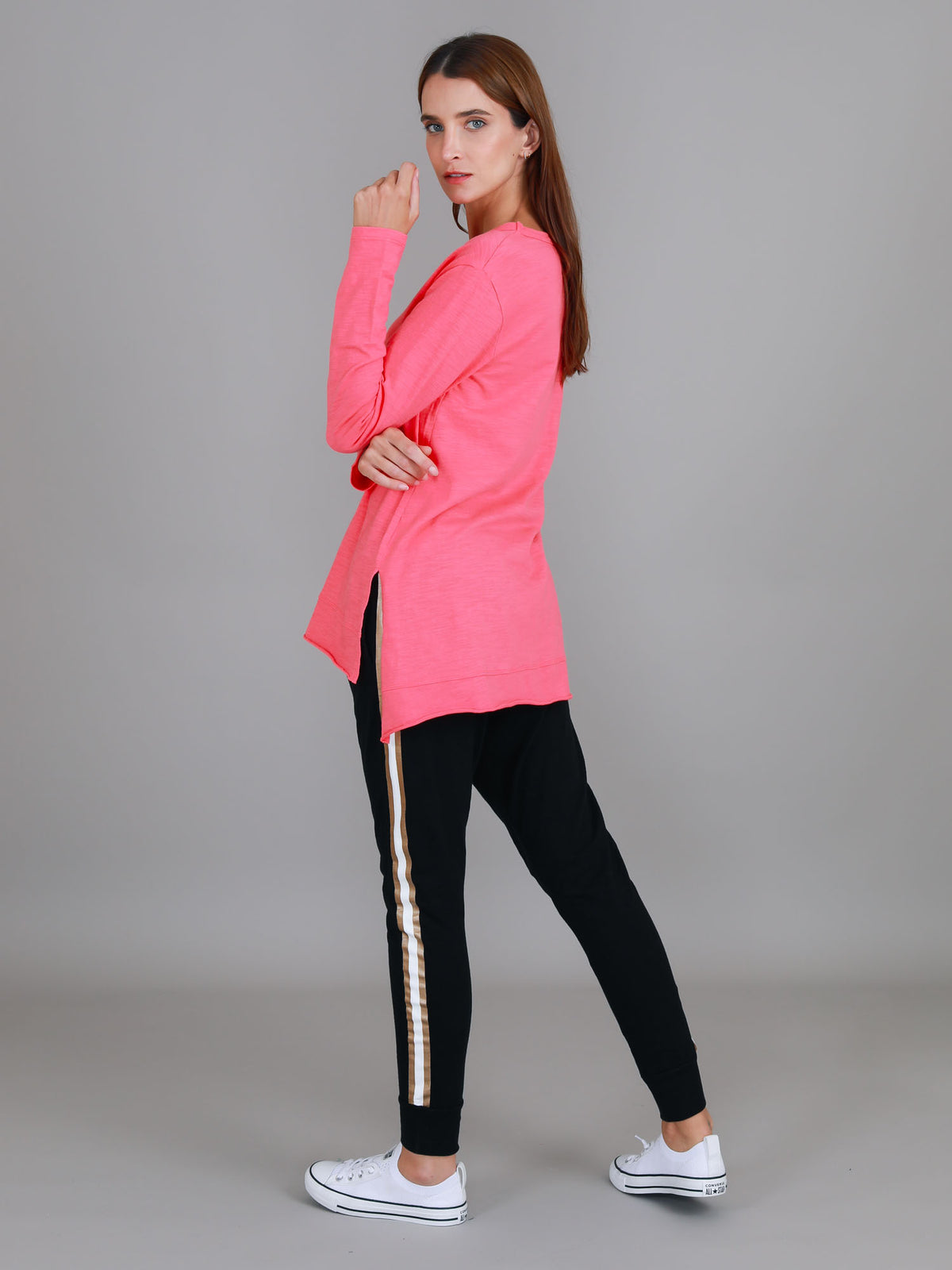 pink v neck longline tee
