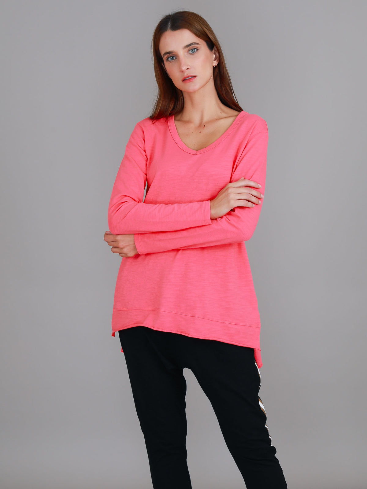 pink hi lo hem v neck tee
