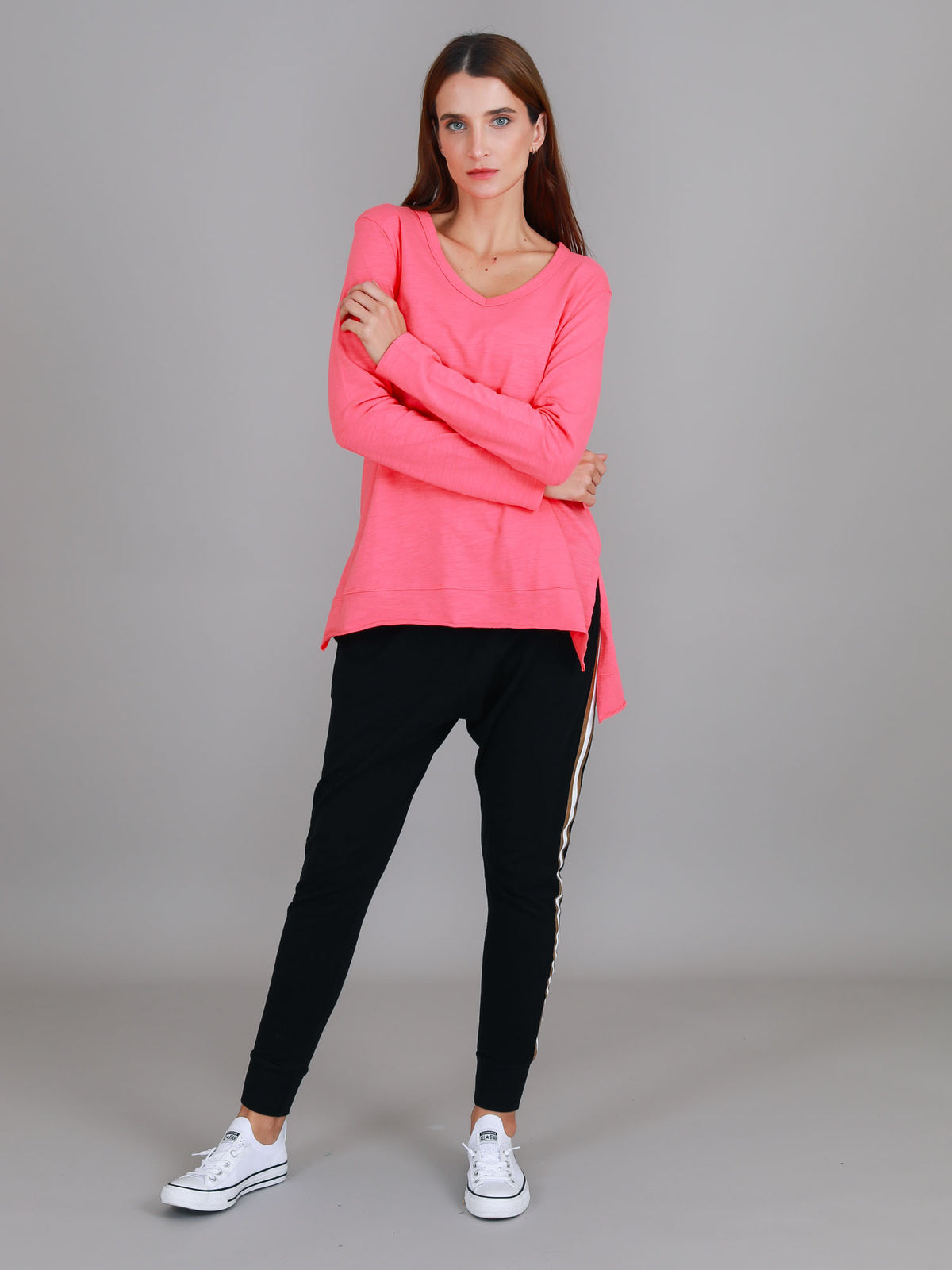 pink glo v neck tee women
