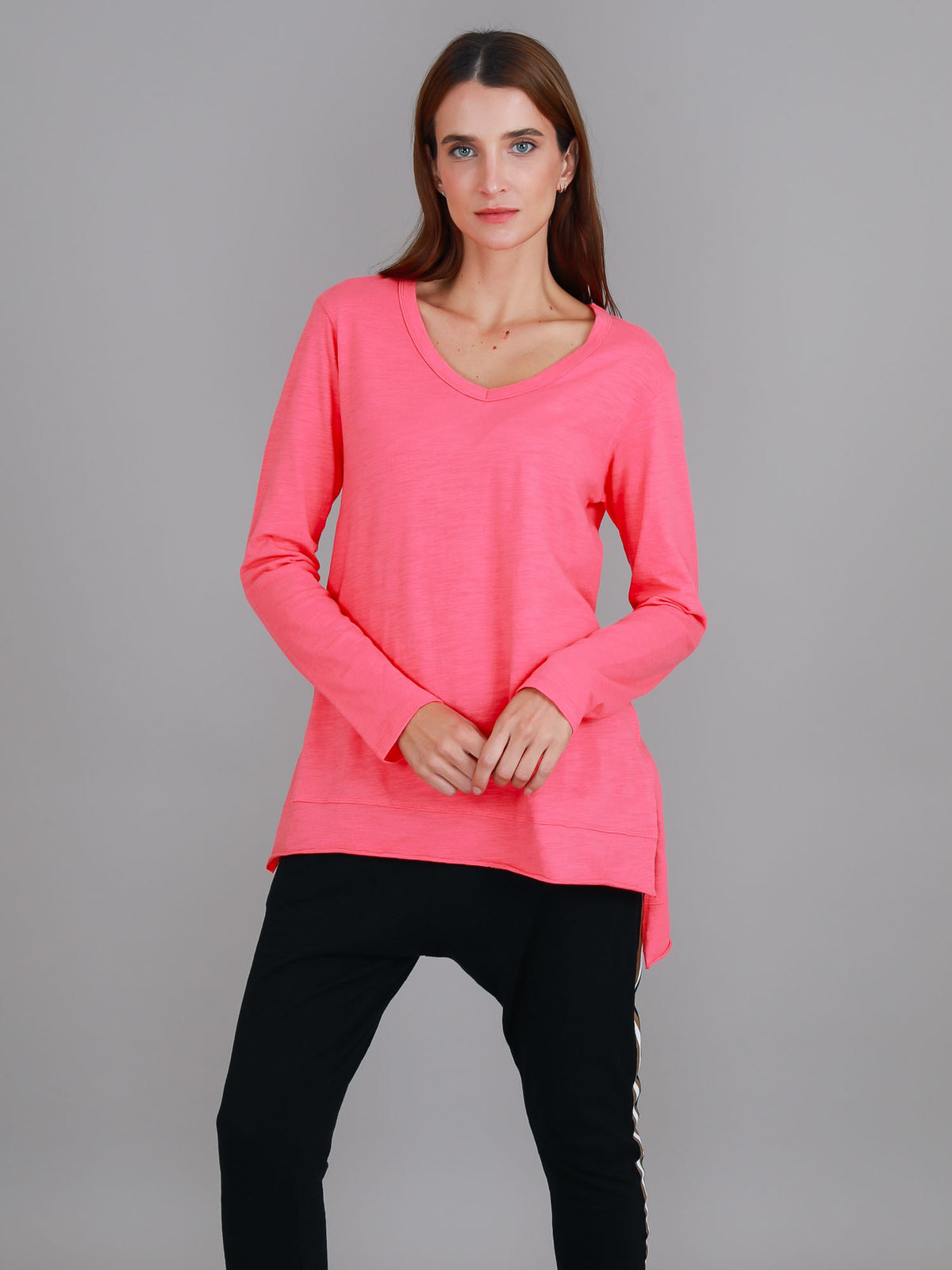 pink glo v neck long sleeve tee