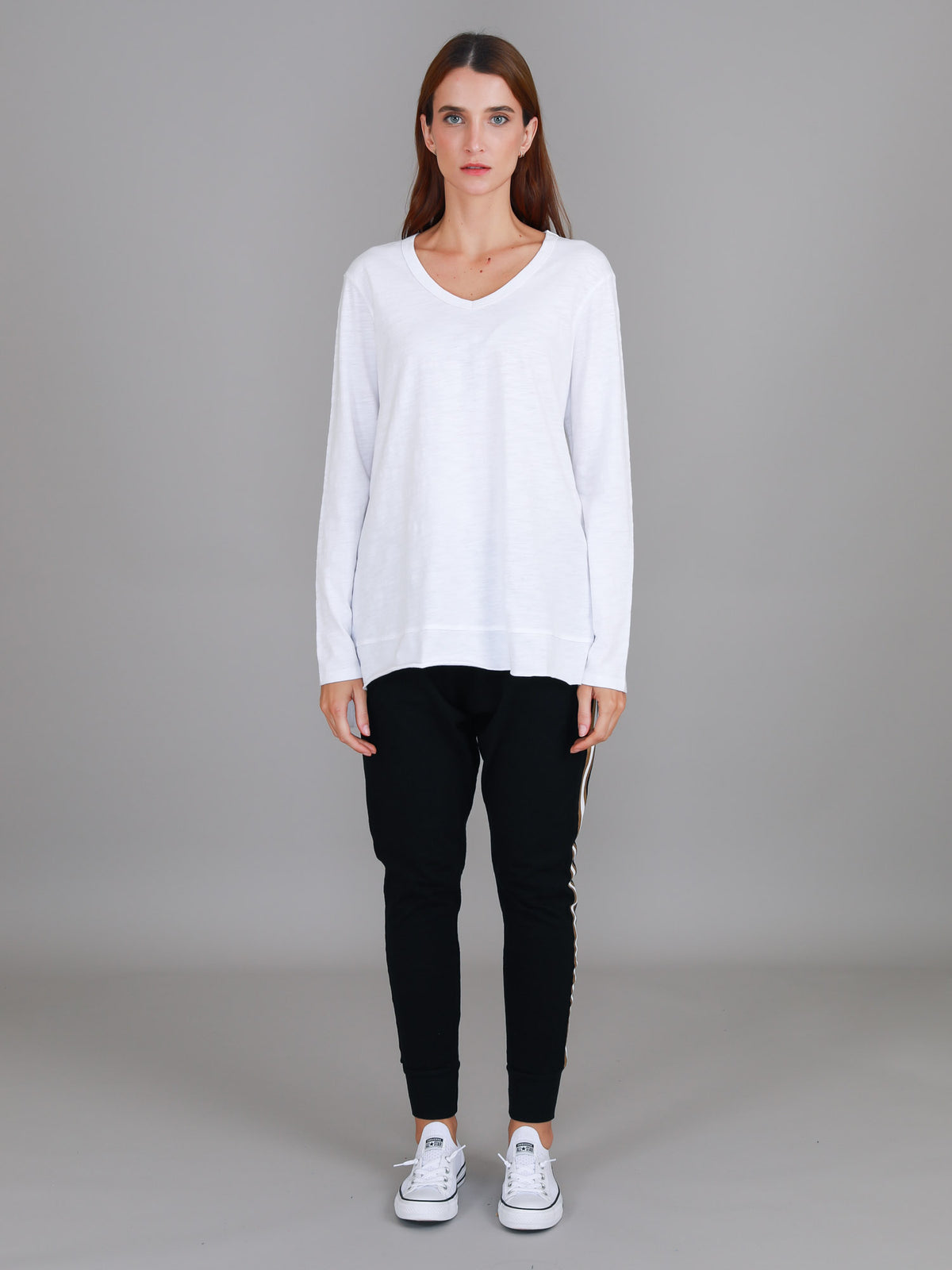 white cotton v neck long sleeve