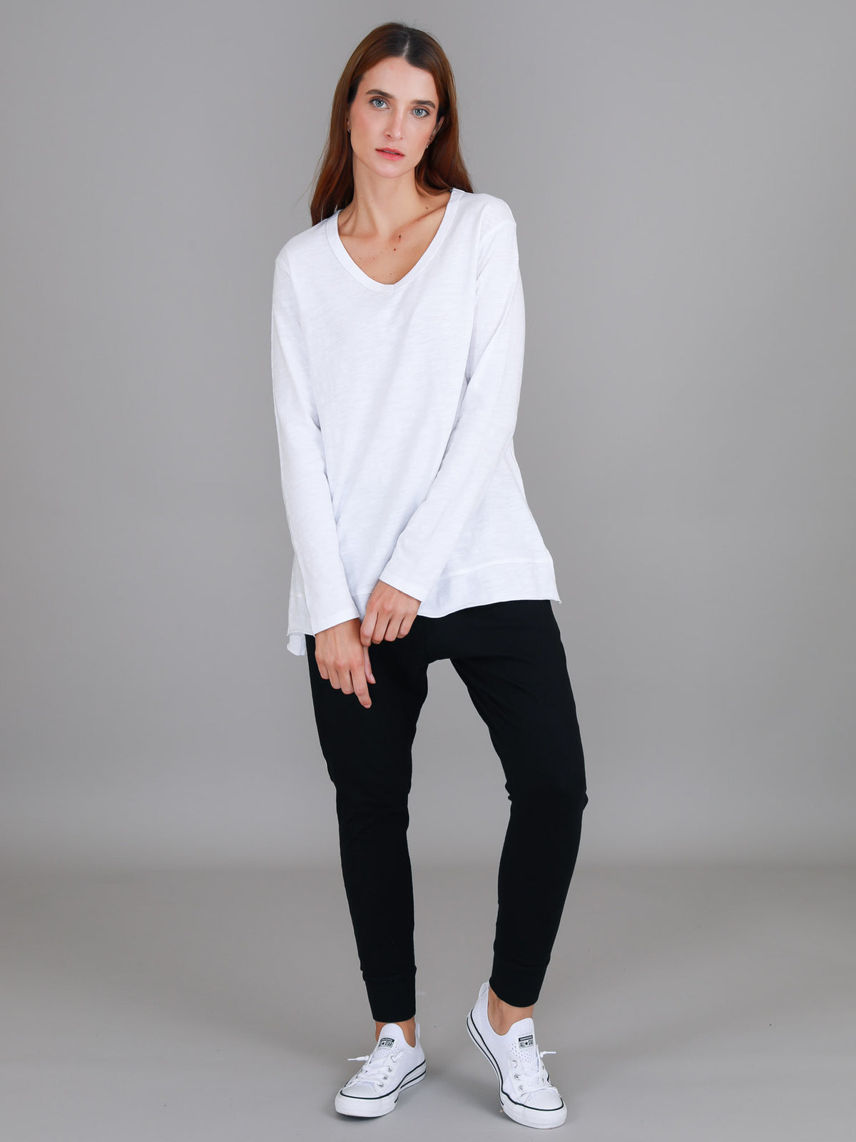 white long sleeve v neck top