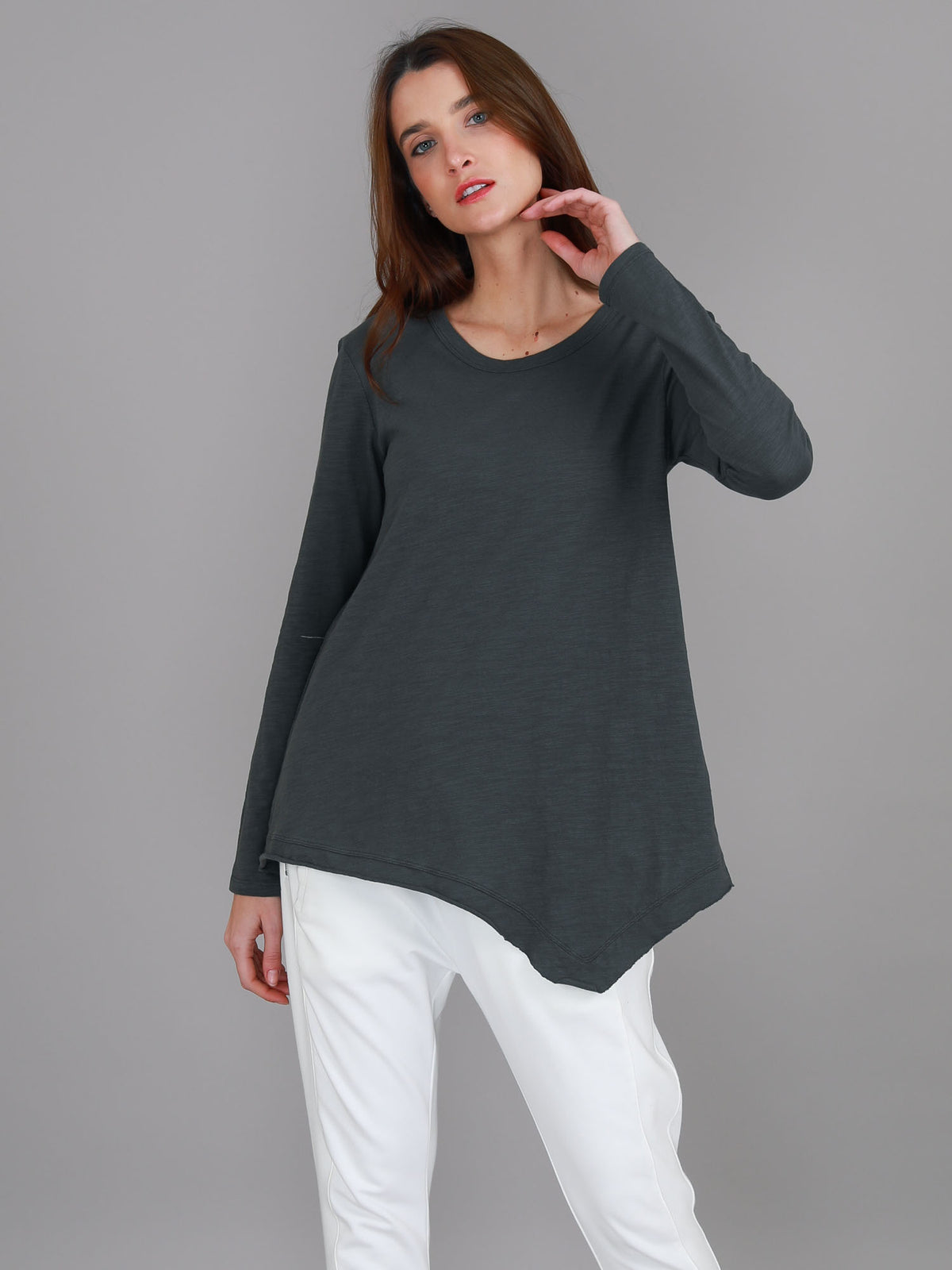 charcoal angled hem long sleeve top