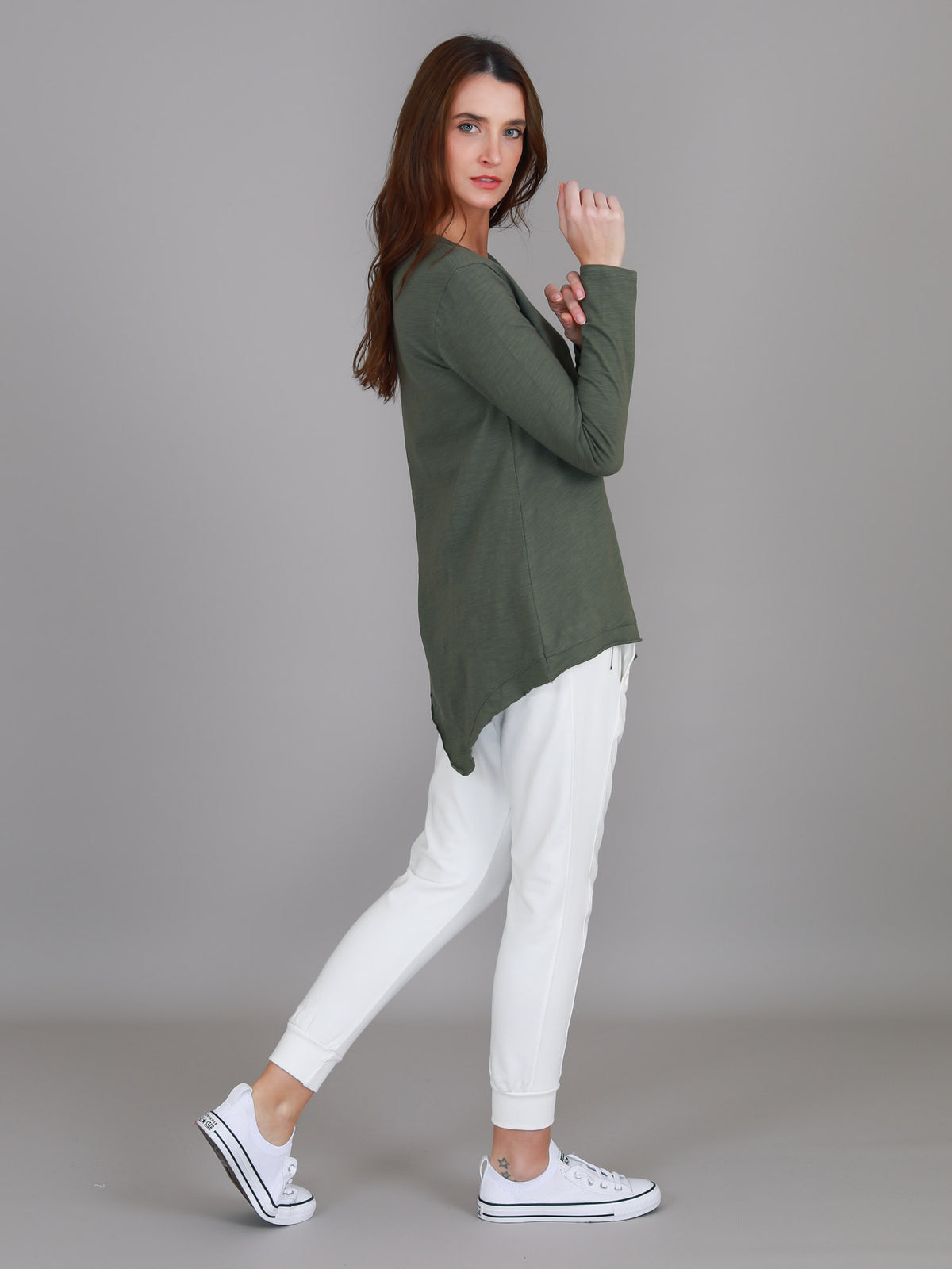 khaki long sleeve scoop top