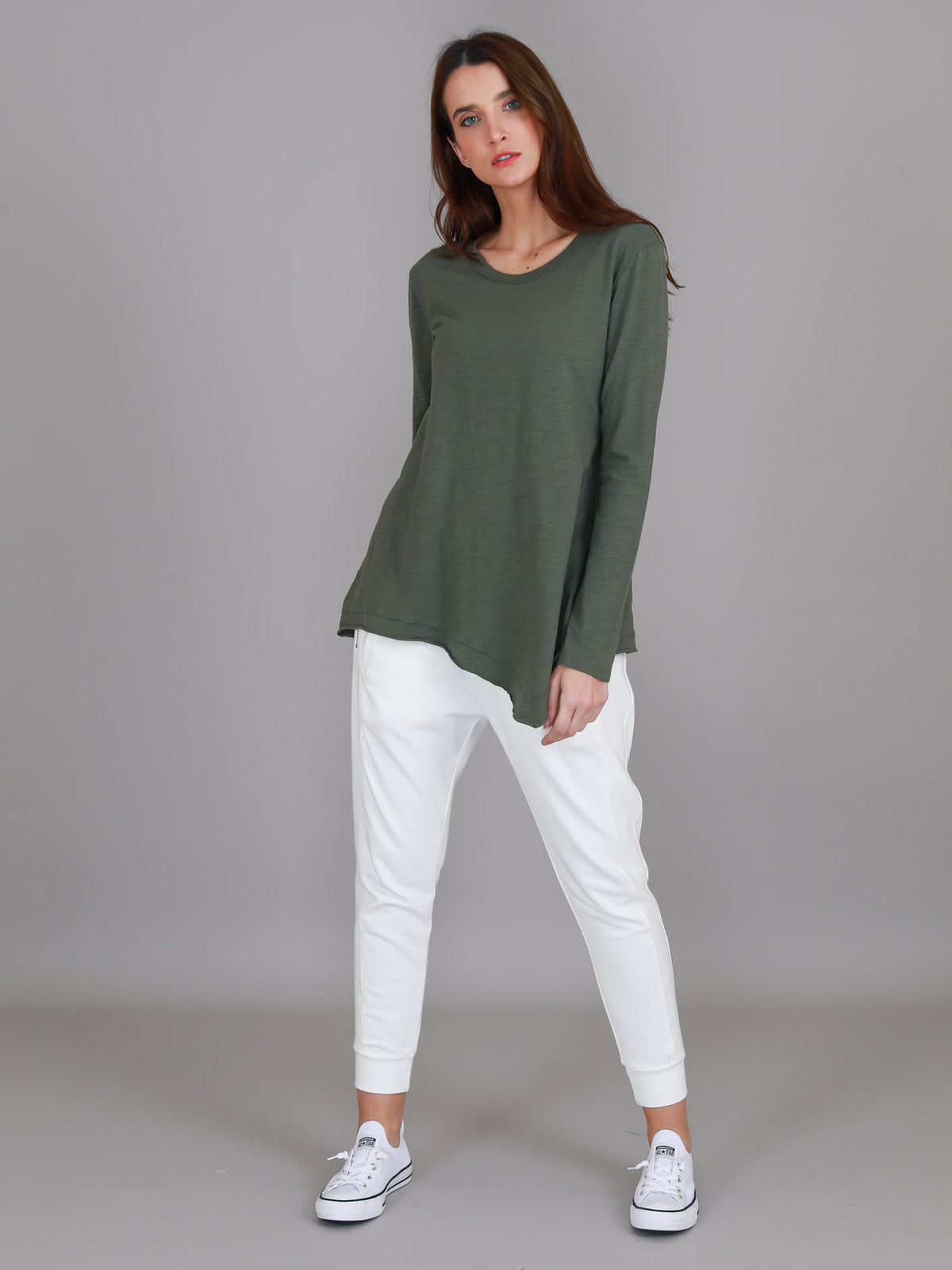 green asymmetric hem tee women