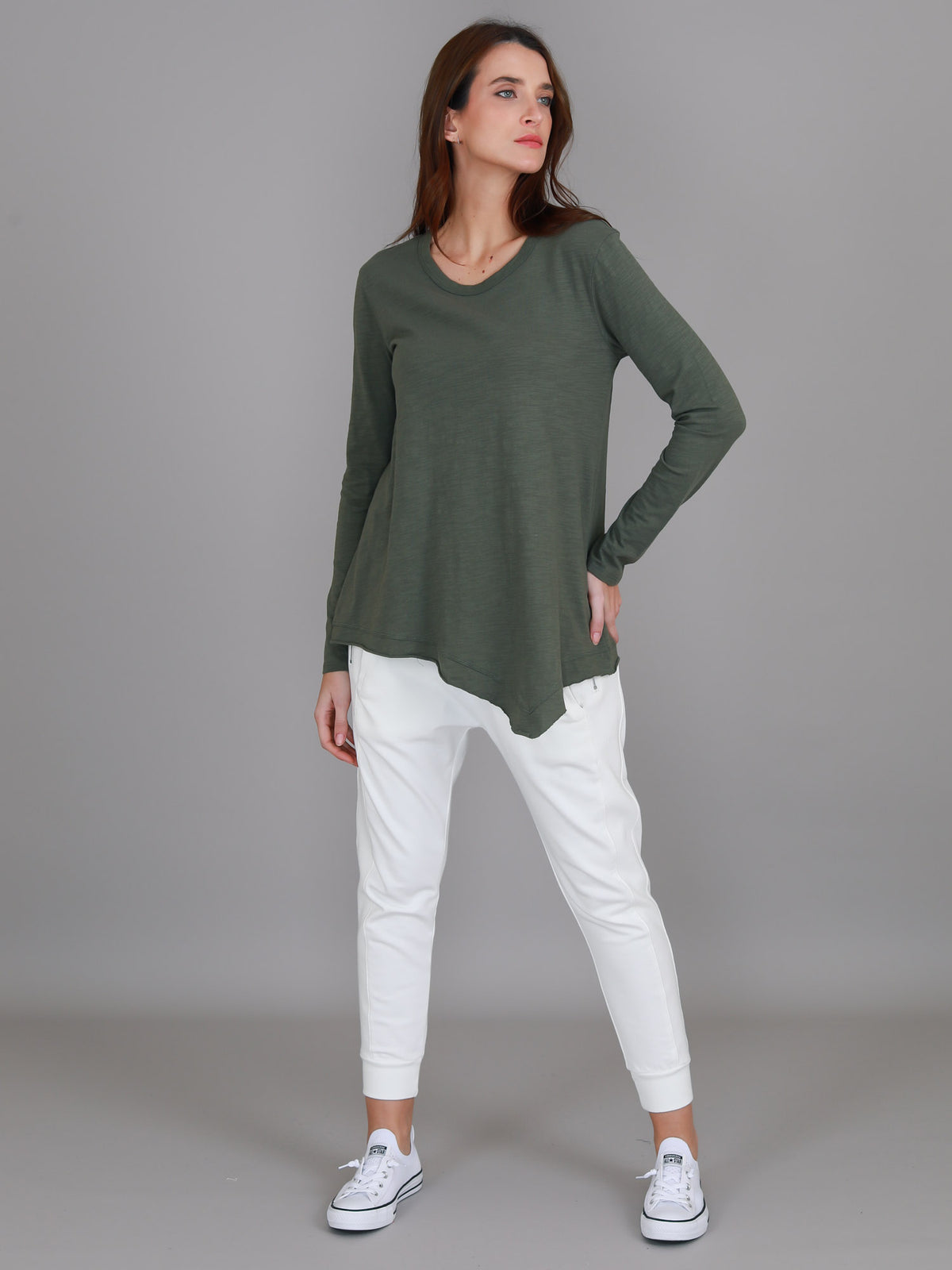 khaki angled hem long sleeve top