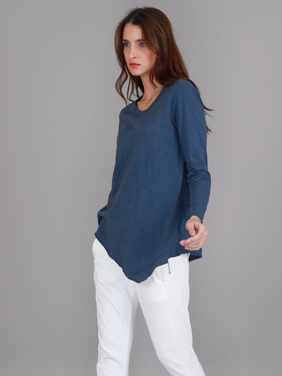 navy angled hem long sleeve top