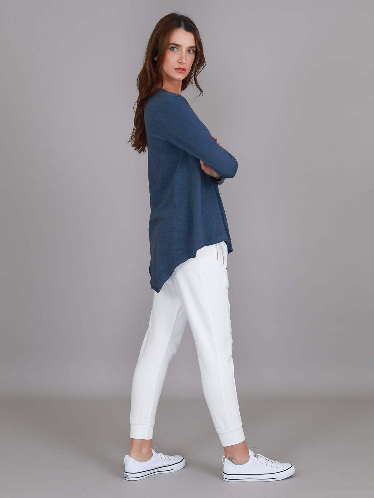 indigo long sleeve scoop top